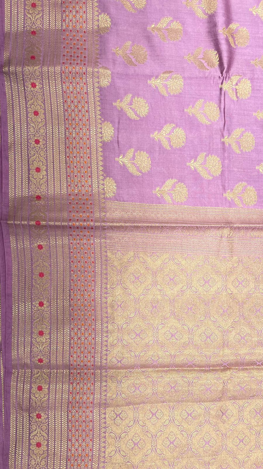 Royal Elegance: Faishana's Exquisite Light Purple Pure Chiniya Silk Gold Floral Zari Booti with Minakari Border & Purple Blouse