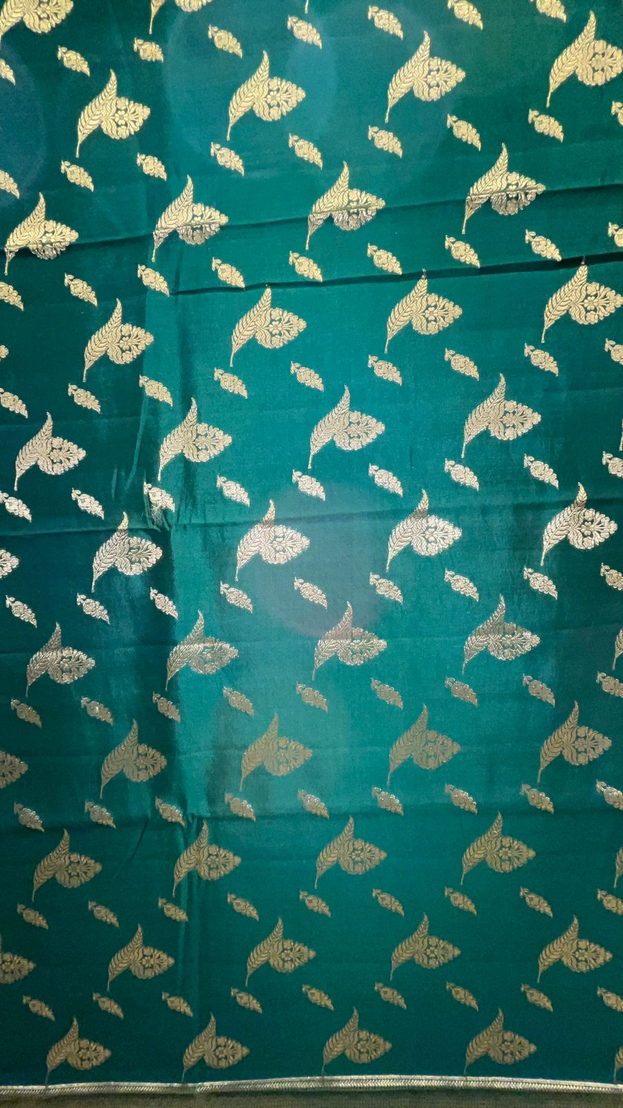 Enchanting Elegance: Faishana Pure Silk Handloom Dark Green Chiniya Silk Gold Floral Zari Booti with Minakari Border & Dark Green Blouse