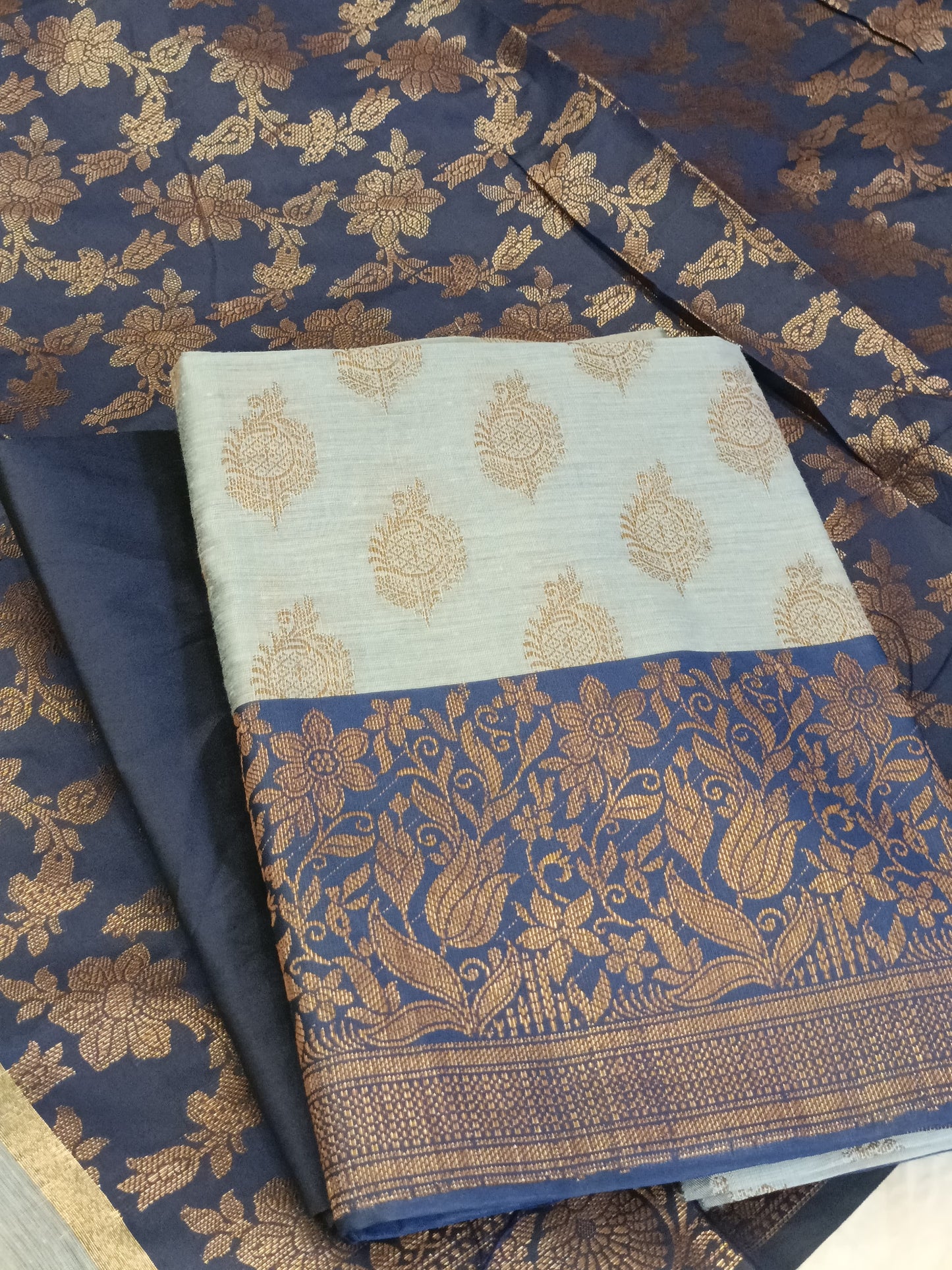 Light Blue Cotton Floral Zari Booti with Contrast Navy Blue Silk Border Banarasi Suit 525IM_CTN10