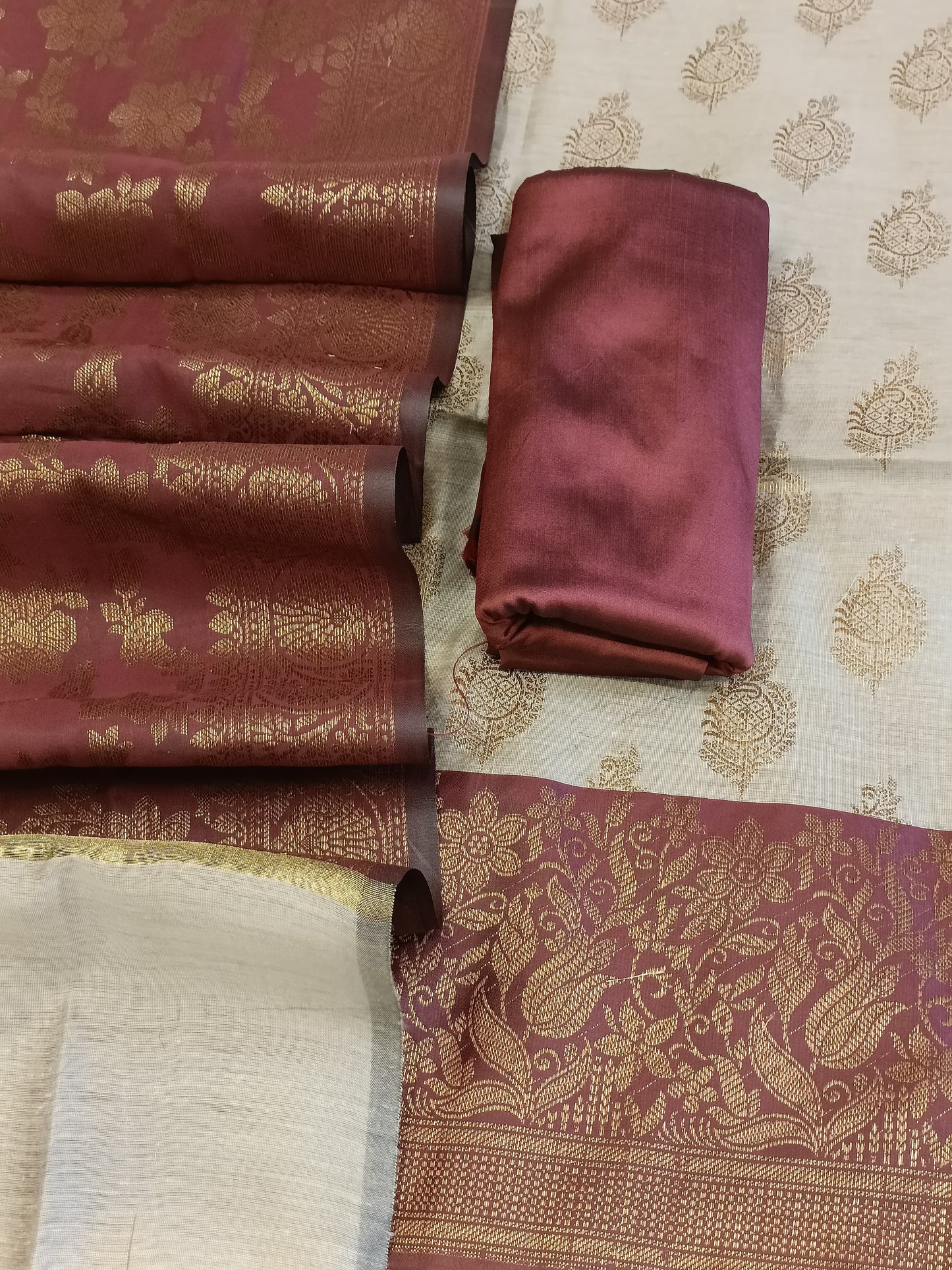 Tussar Cotton Floral Zari Booti with Contrast Brown Silk Border Banarasi Suit 525IM_CTN11