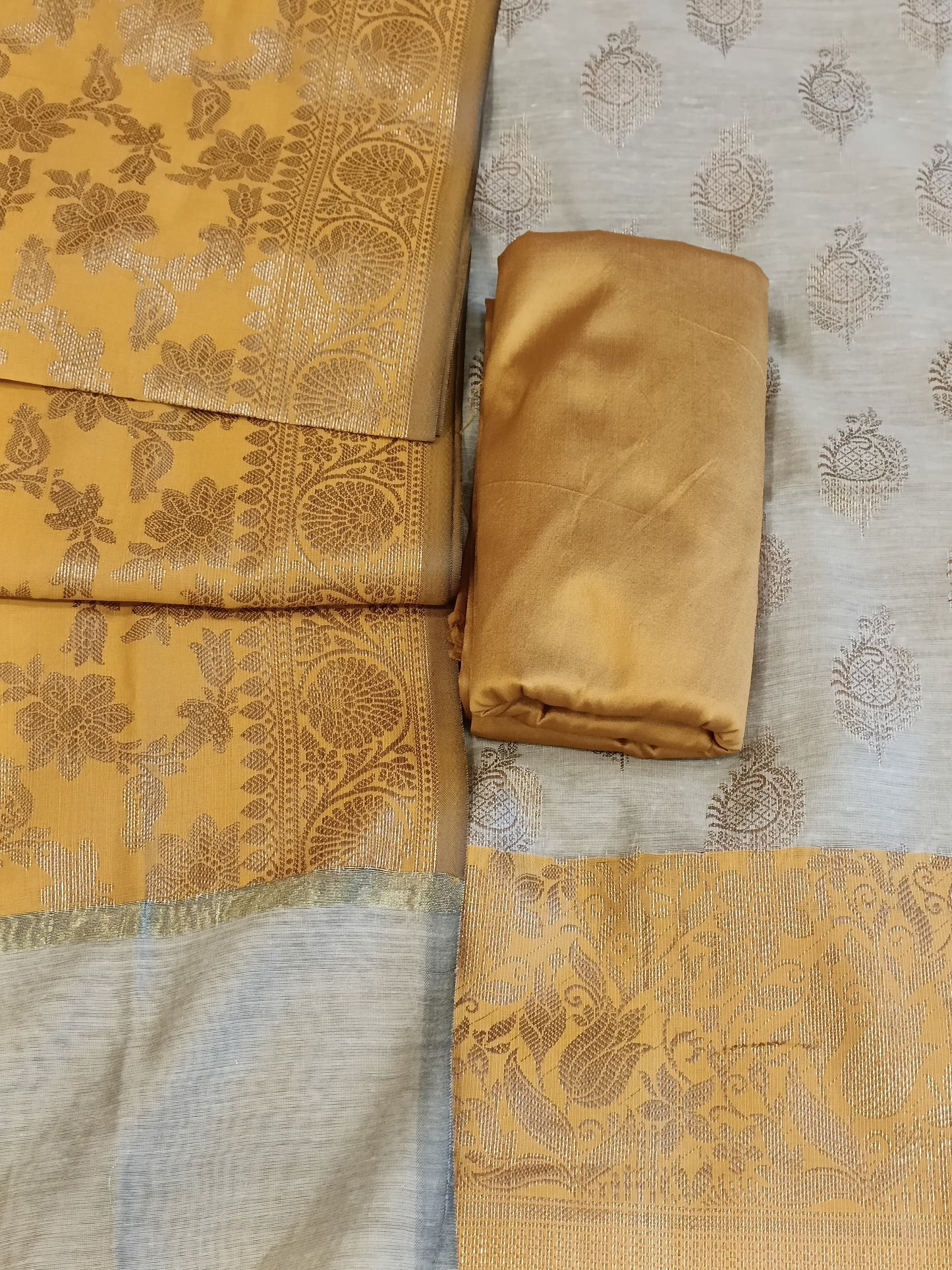 Tussar Cotton Floral Zari Booti with Contrast Mustard Gold Silk Border Banarasi Suit 525IM_CTN12