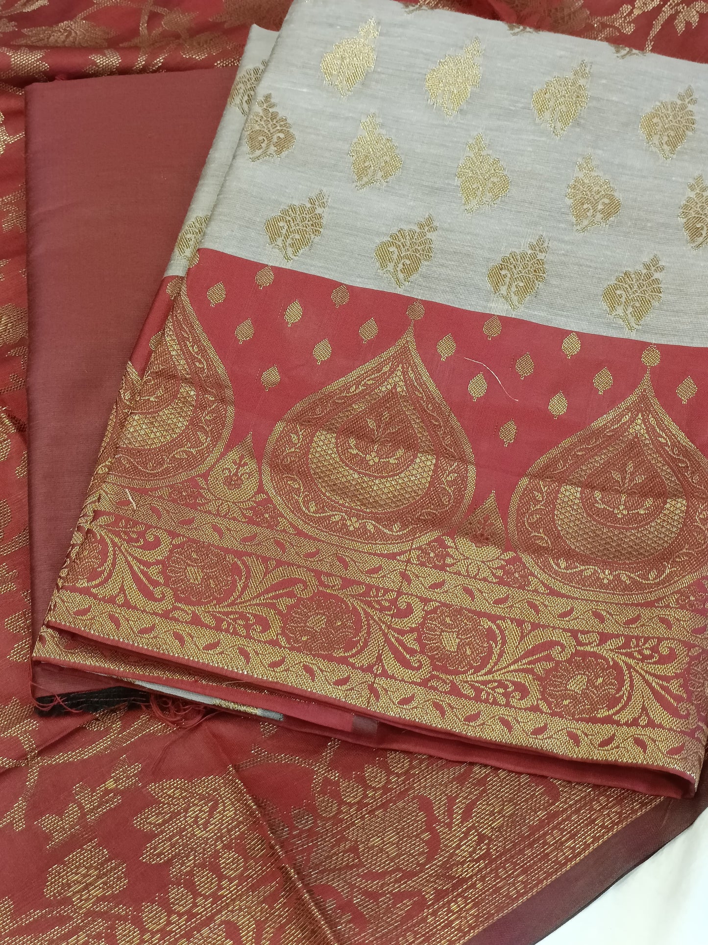 Tussar Cotton Floral Zari Booti with Contrast Maroon Silk Border Banarasi Suit 525IM_CTN1