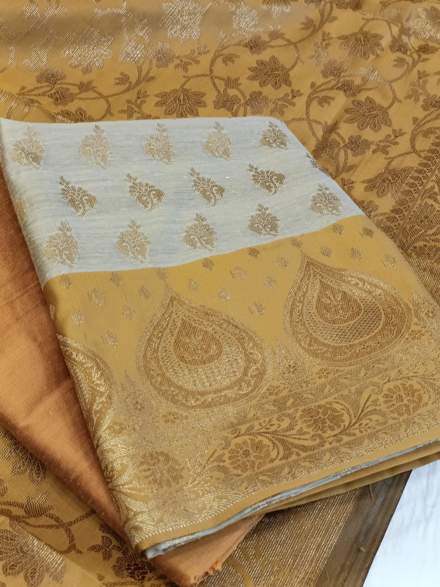 Tussar Cotton Floral Zari Booti with Contrast Mustard Gold Silk Border Banarasi Suit 525IM_CTN2