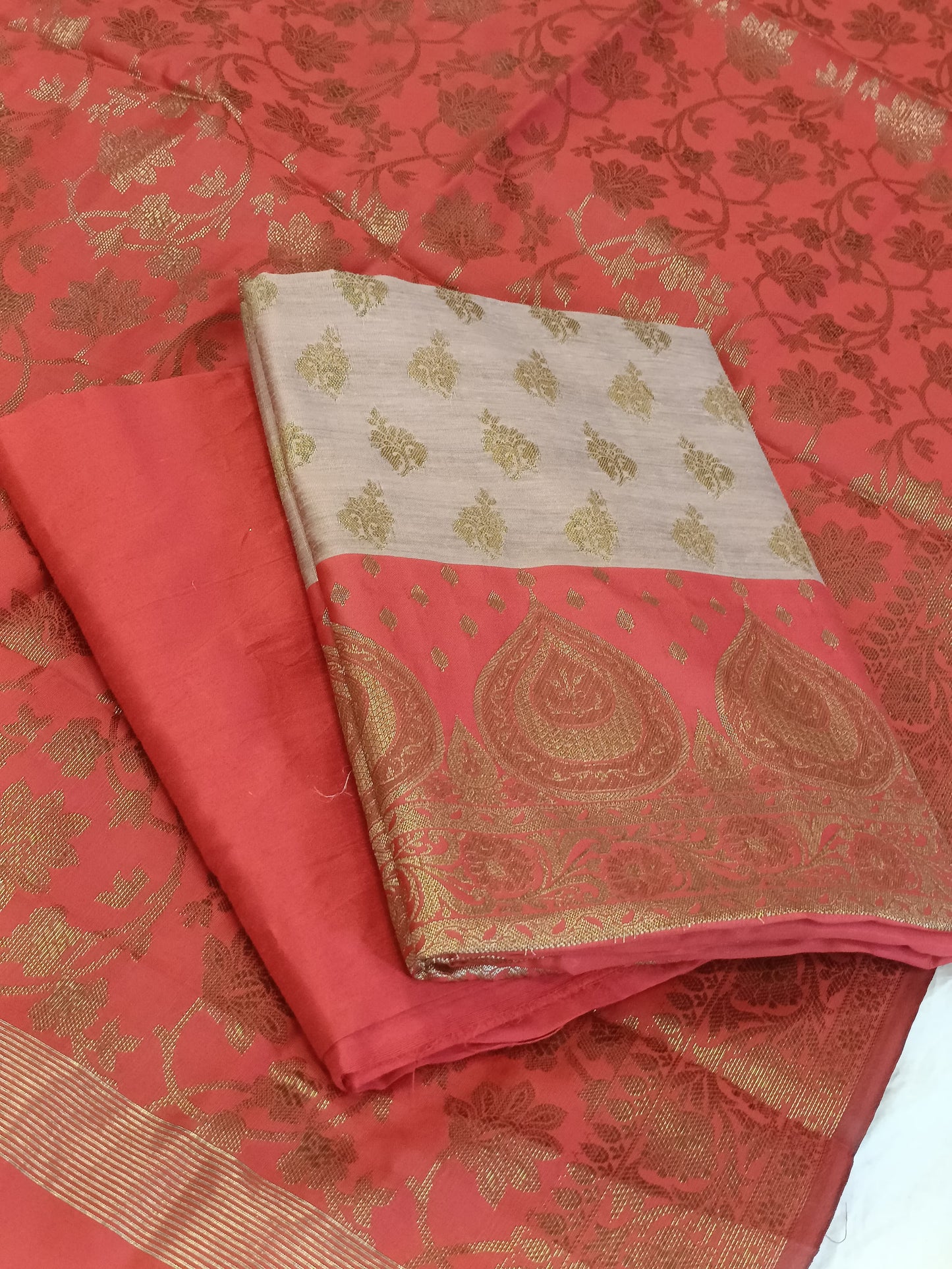 Tussar Cotton Floral Zari Booti with Contrast Red Silk Border Banarasi Suit 525IM_CTN5