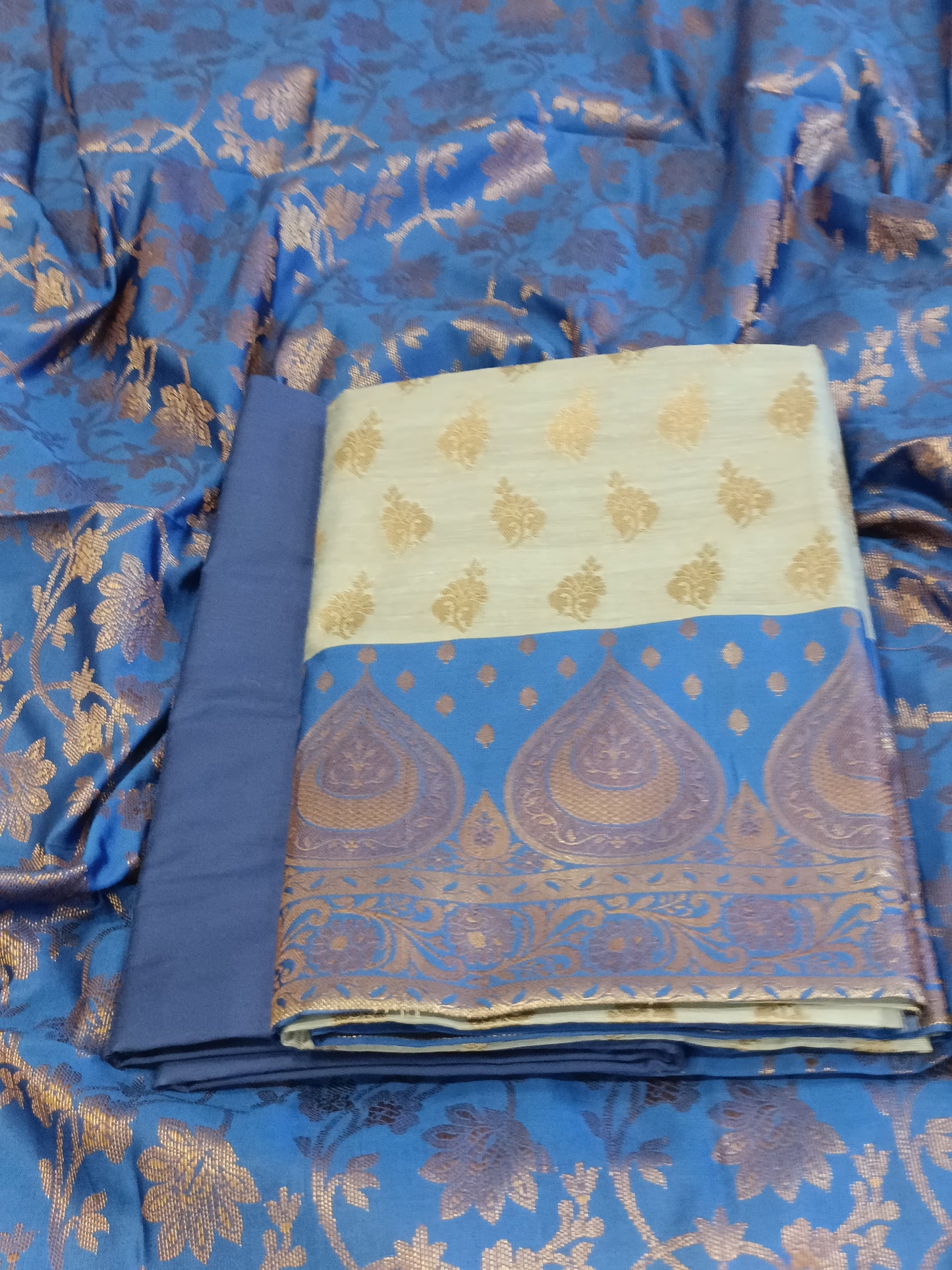 Light Blue Cotton Floral Zari Booti with Contrast Blue Silk Border Banarasi Suit 525IM_CTN6