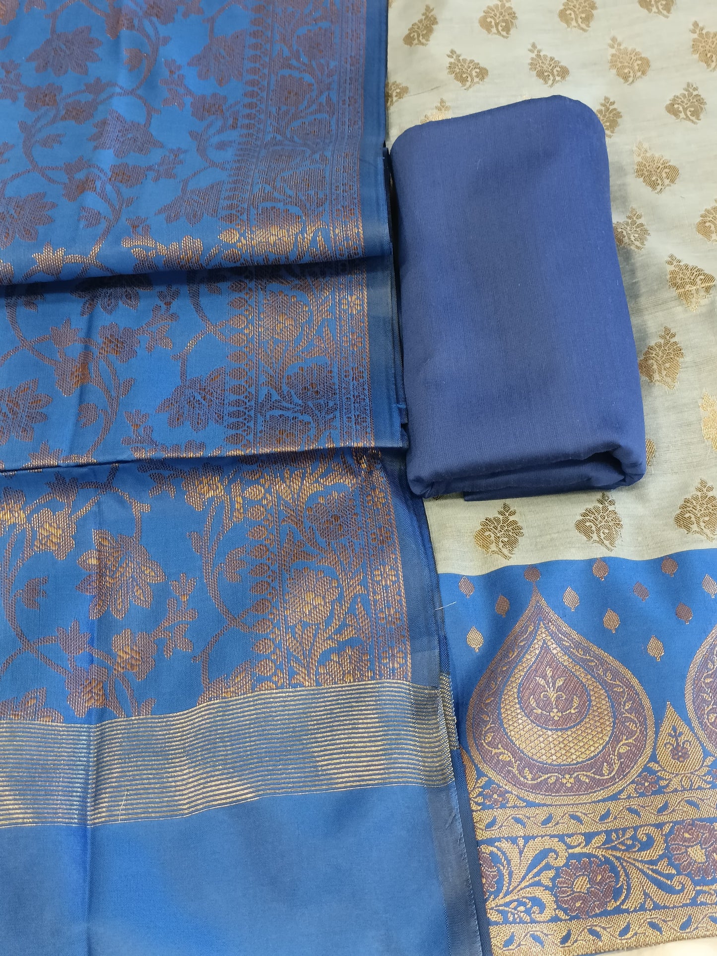 Light Blue Cotton Floral Zari Booti with Contrast Blue Silk Border Banarasi Suit 525IM_CTN6