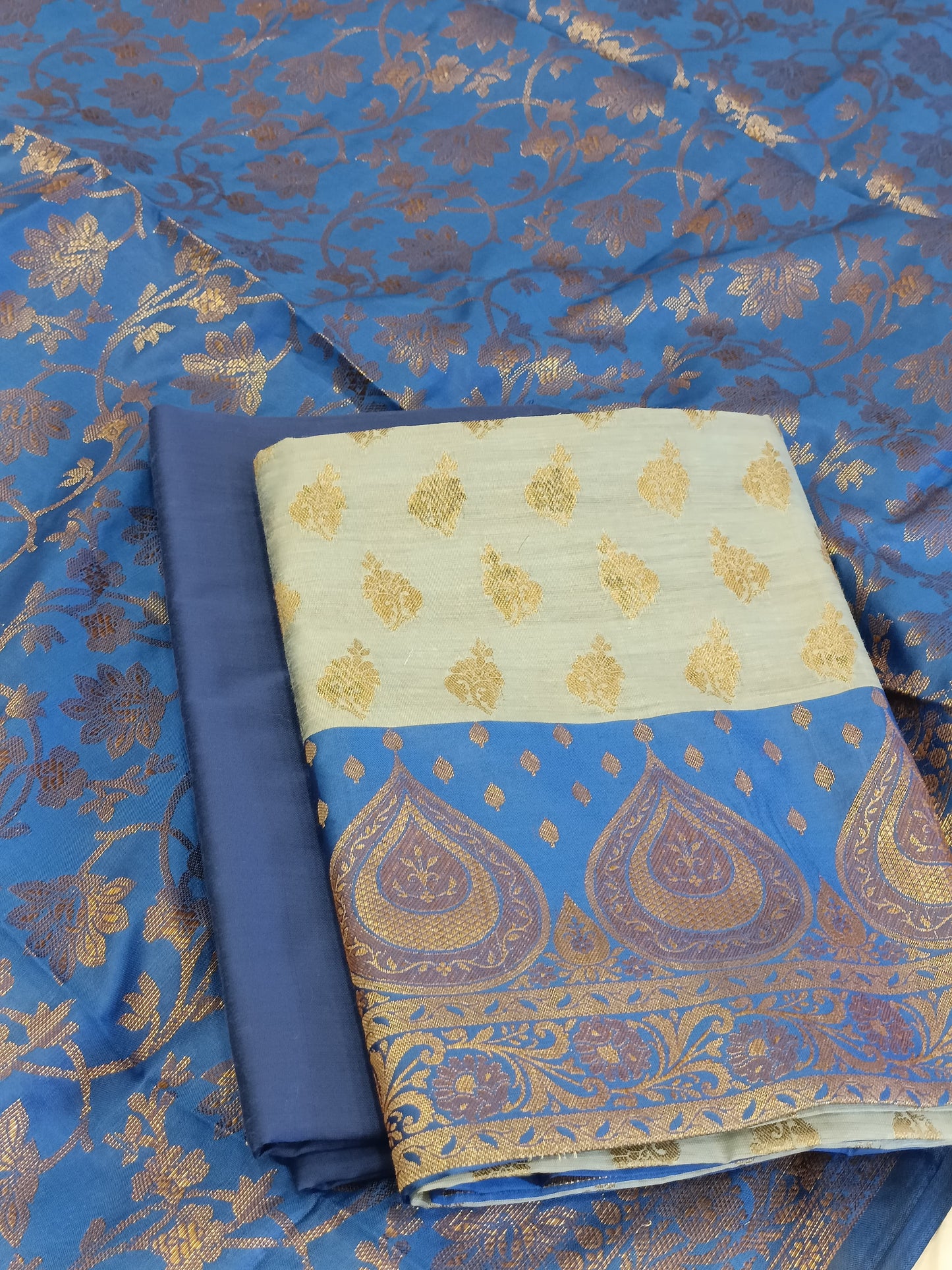Light Blue Cotton Floral Zari Booti with Contrast Blue Silk Border Banarasi Suit 525IM_CTN6