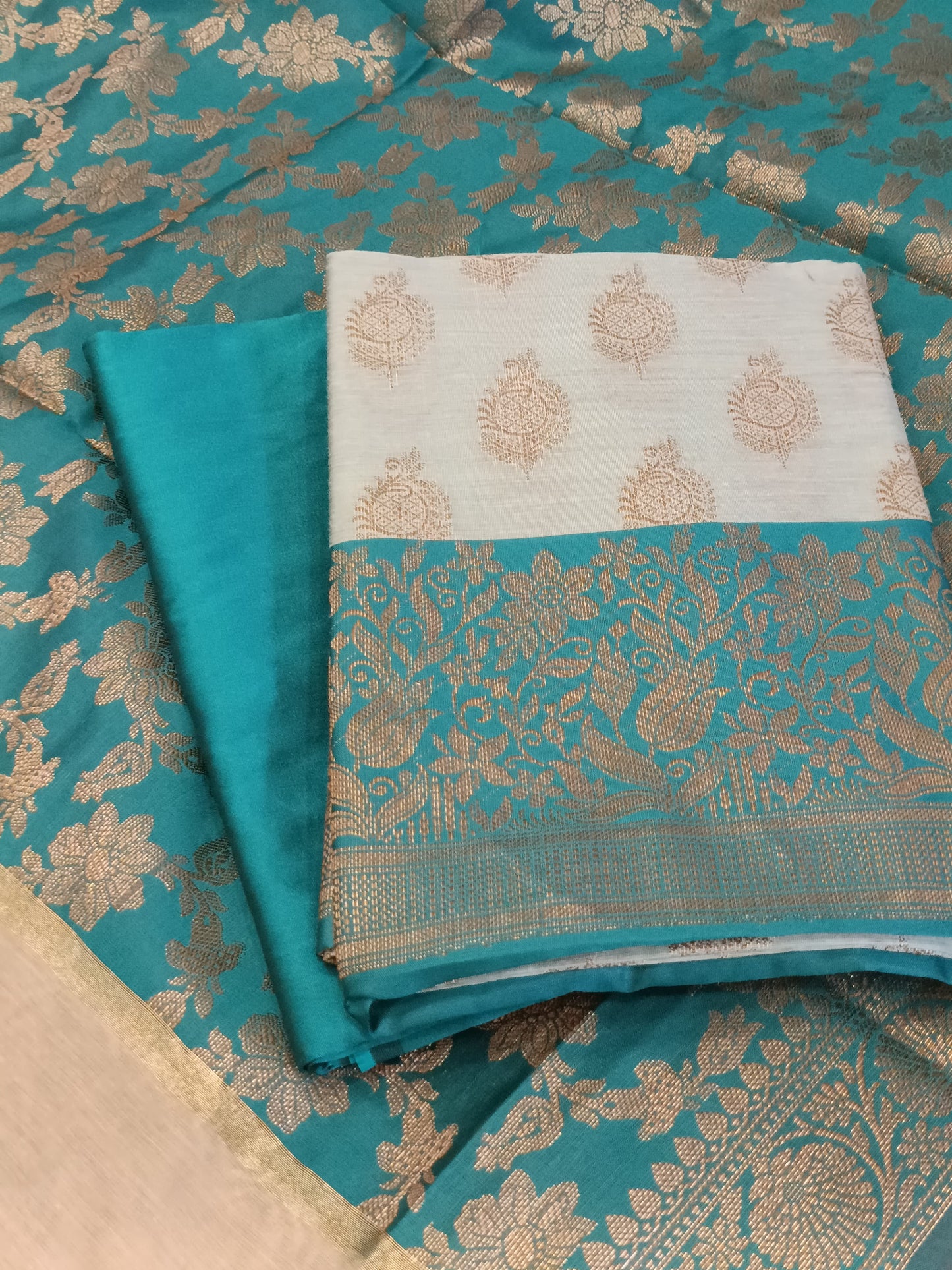 Light seagreen Cotton Floral Zari Booti with Contrast Seagreen Silk Border Banarasi Suit 525IM_CTN9