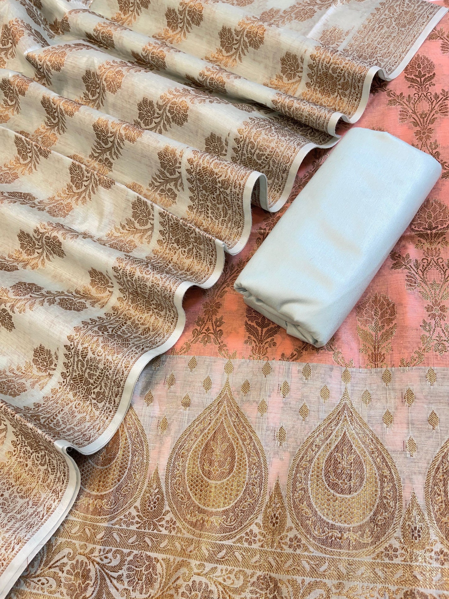 Peach Cotton Alfi Zari Jaal Contrast Blue Border Banarasi Suit 55IM_CTN4