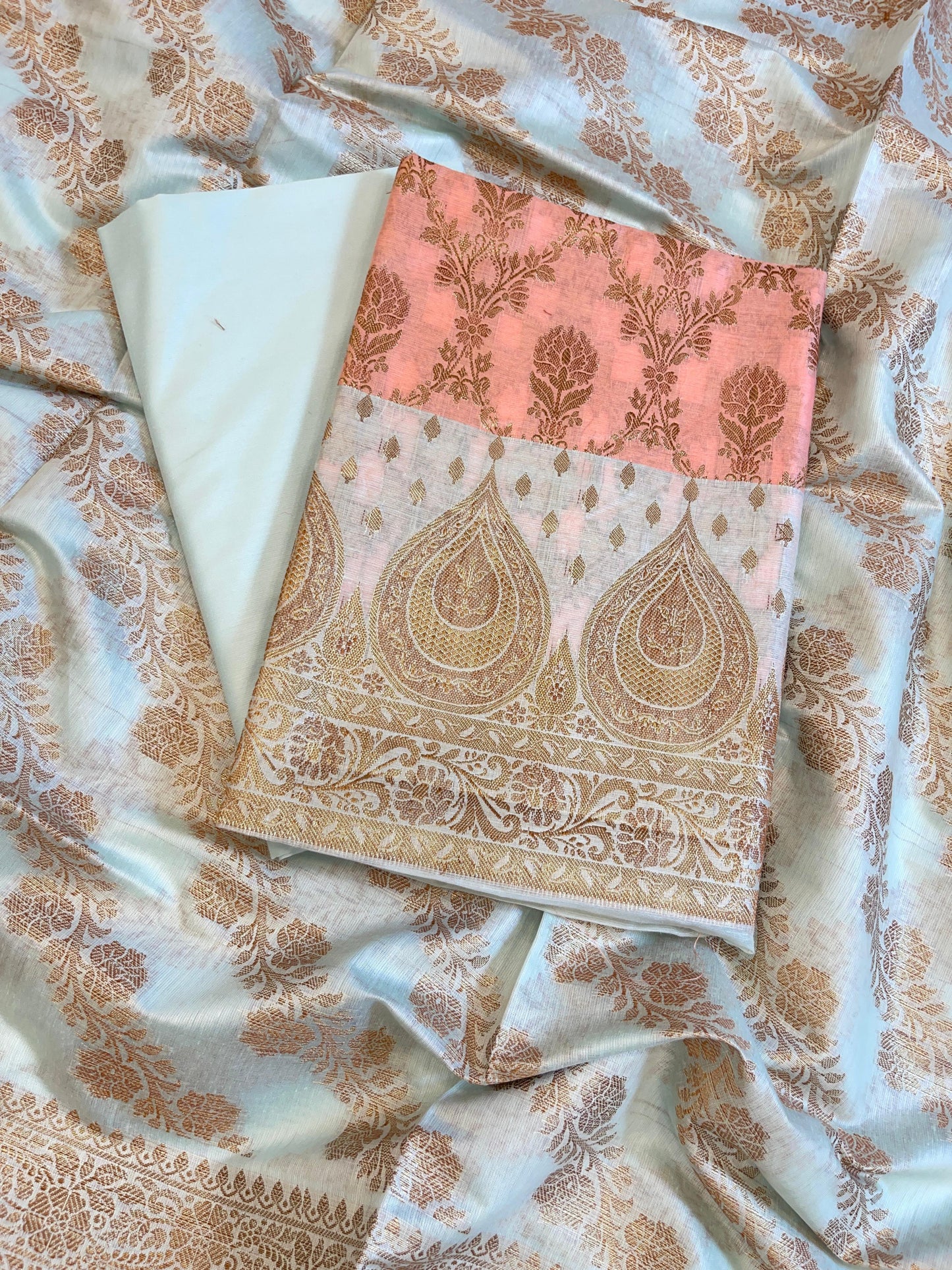 Peach Cotton Alfi Zari Jaal Contrast Blue Border Banarasi Suit 55IM_CTN4