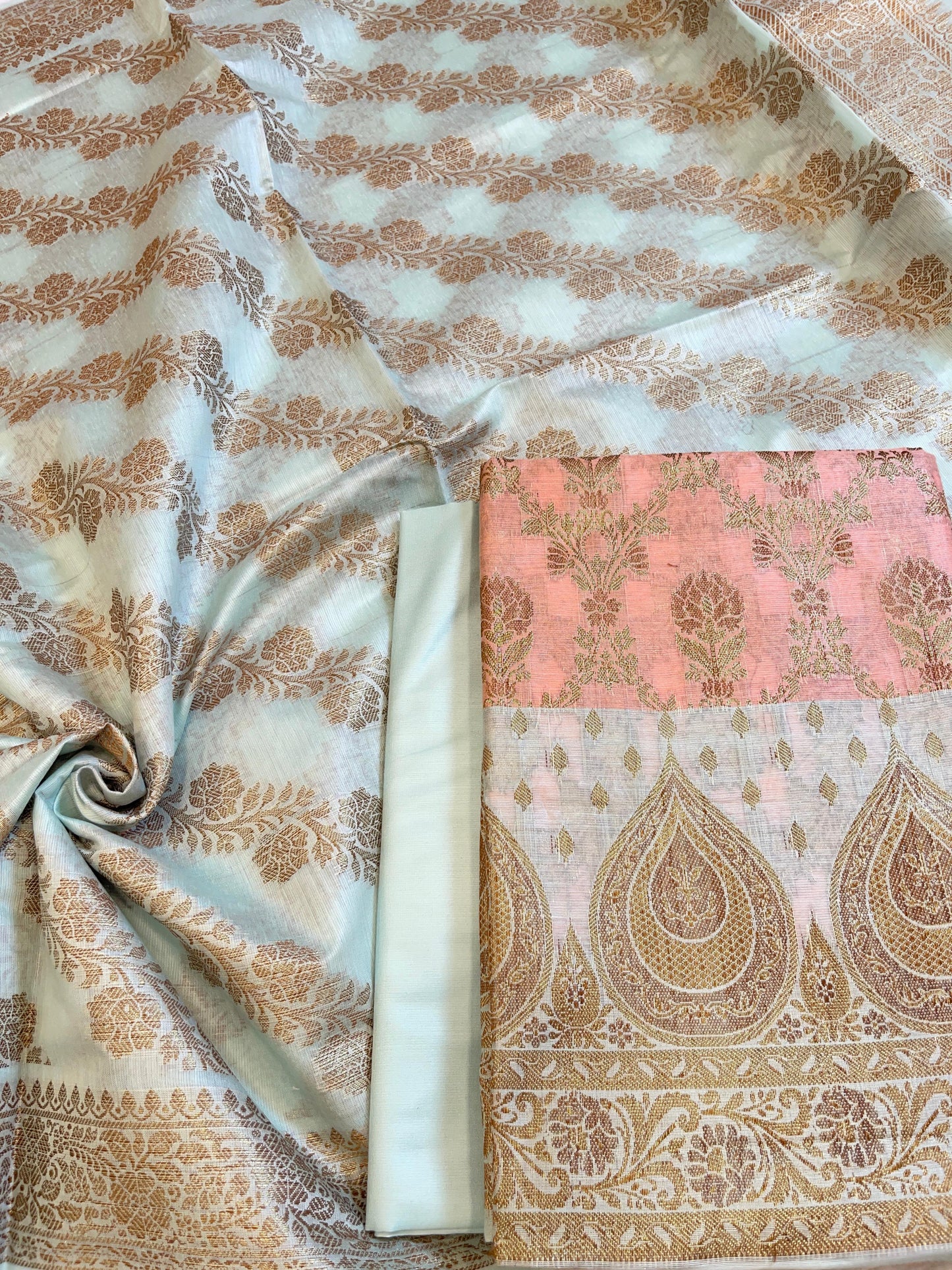 Peach Cotton Alfi Zari Jaal Contrast Blue Border Banarasi Suit 55IM_CTN4