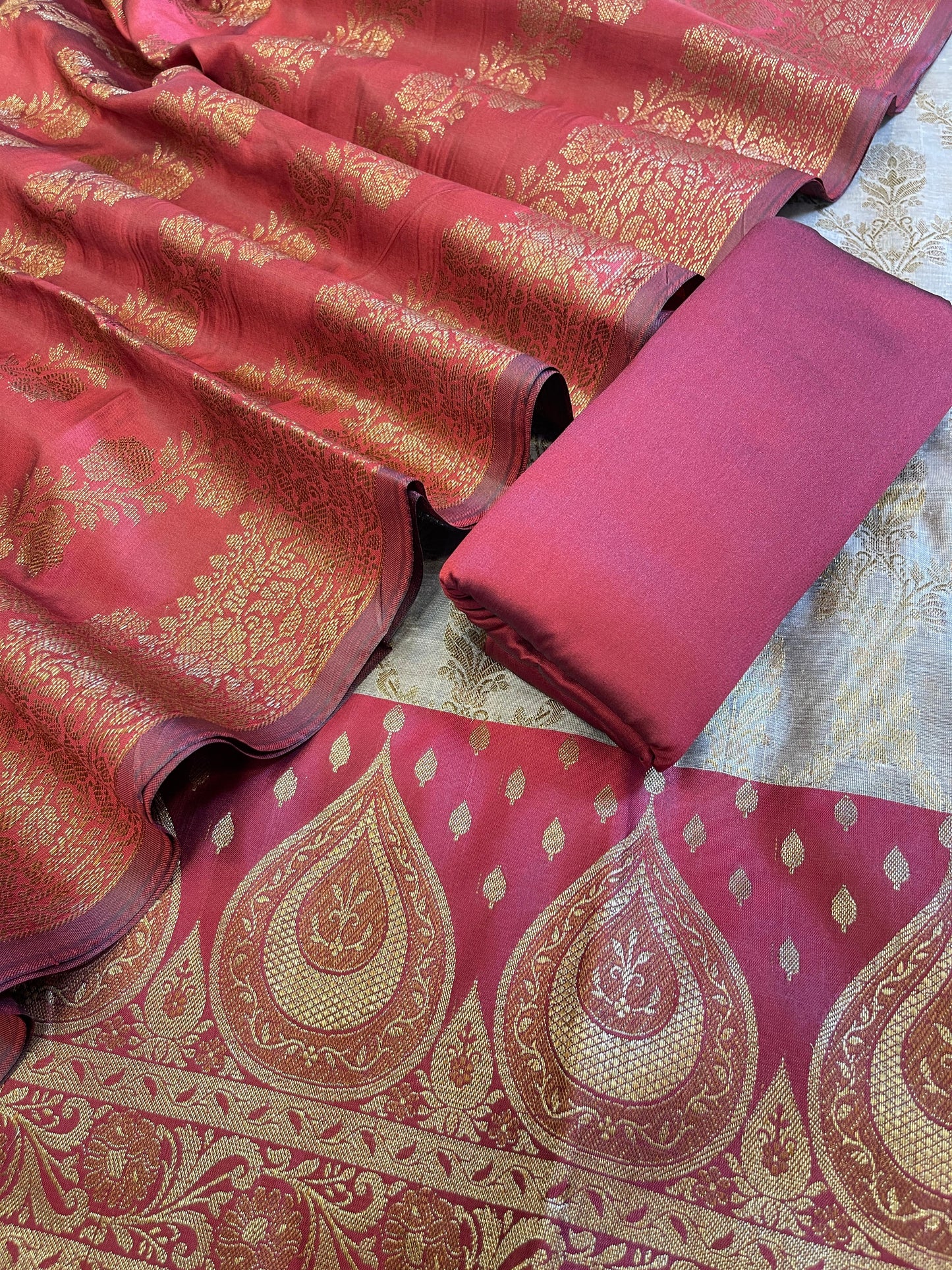 Tussar Cotton Alfi Zari Jaal Contrast Maroon Silk Border Banarasi Suit 55IM_CTN7
