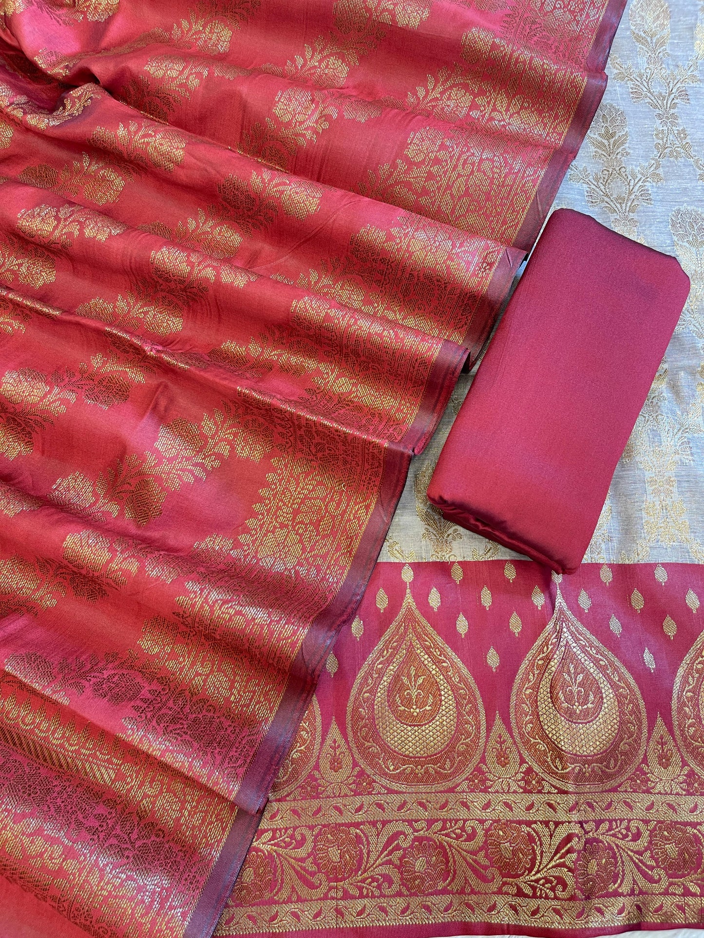 Tussar Cotton Alfi Zari Jaal Contrast Maroon Silk Border Banarasi Suit 55IM_CTN7