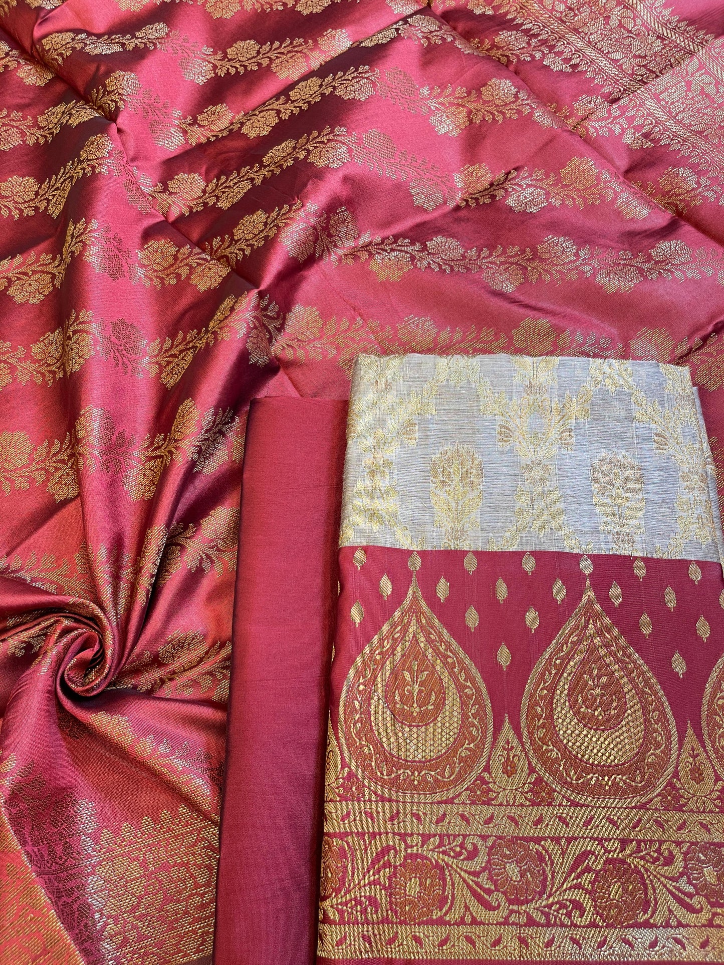 Tussar Cotton Alfi Zari Jaal Contrast Maroon Silk Border Banarasi Suit 55IM_CTN7