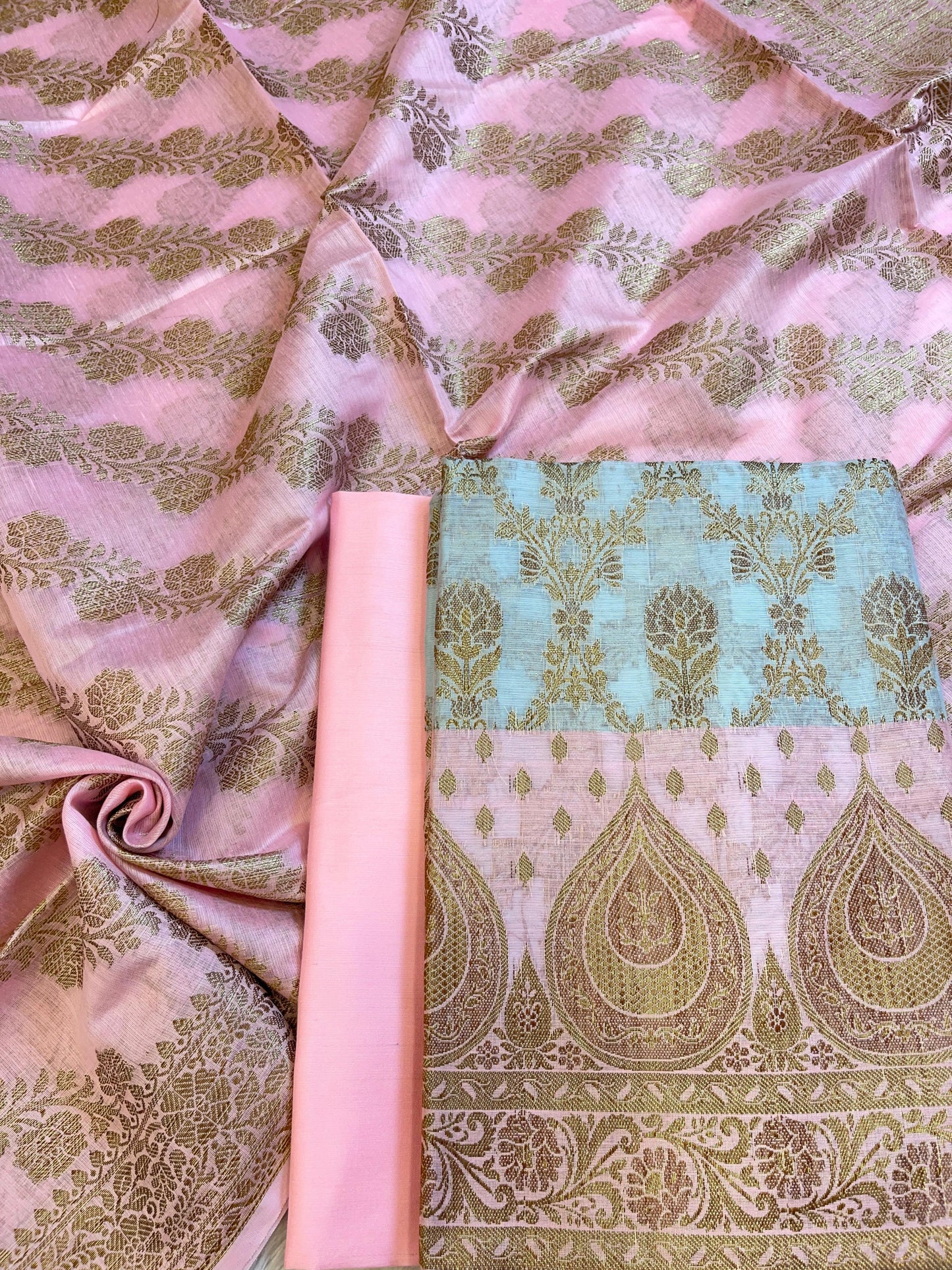 Blue Cotton Alfi Zari Jaal Contrast Pink Border Banarasi Suit 55IM_CTN6