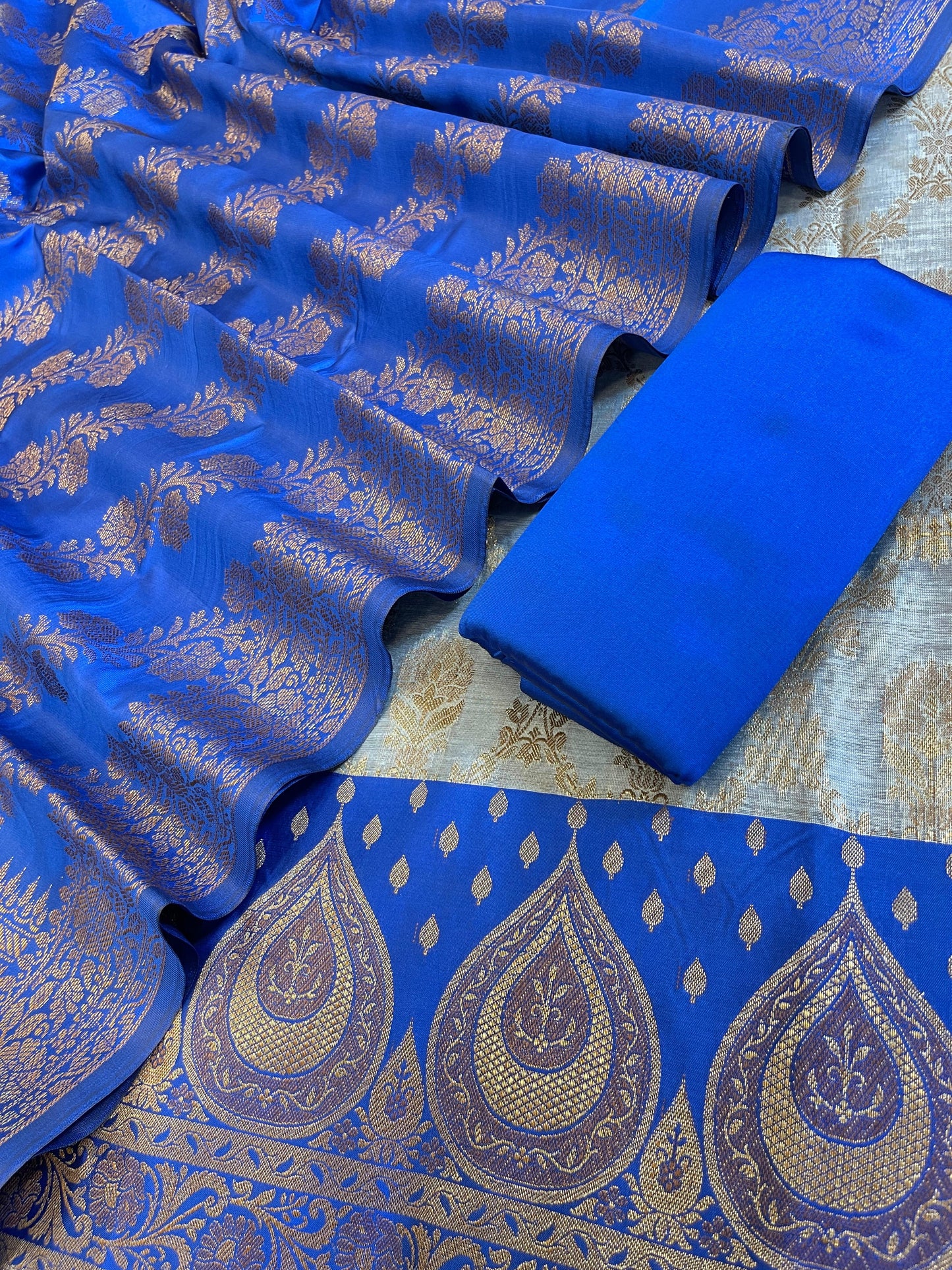 Light Blue Cotton Alfi Zari Jaal Contrast Royal Blue Silk Border Banarasi Suit 55IM_CTN9