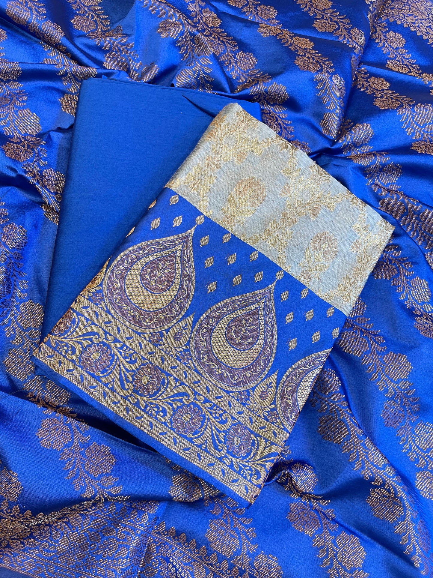 Light Blue Cotton Alfi Zari Jaal Contrast Royal Blue Silk Border Banarasi Suit 55IM_CTN9