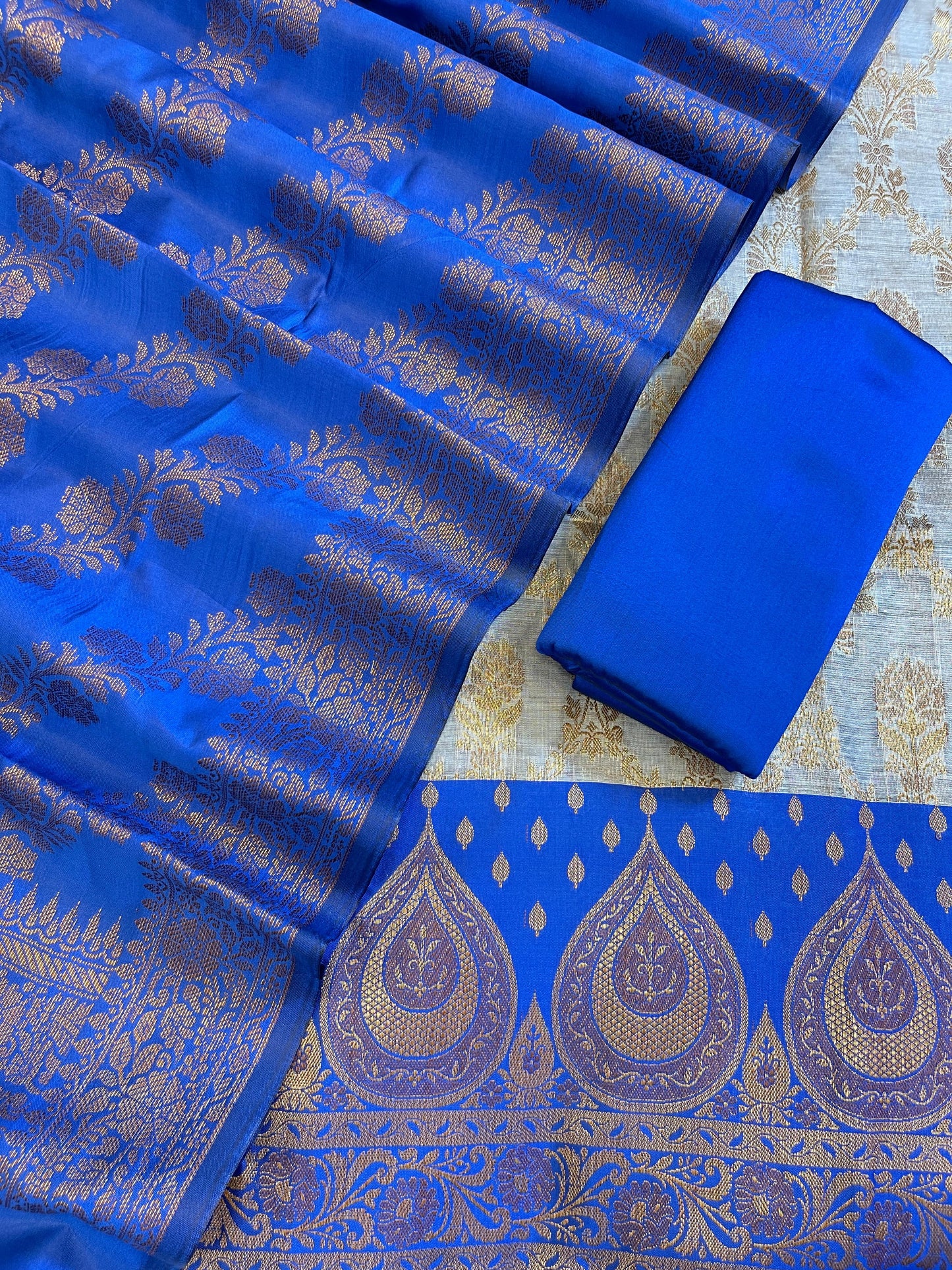 Light Blue Cotton Alfi Zari Jaal Contrast Royal Blue Silk Border Banarasi Suit 55IM_CTN9