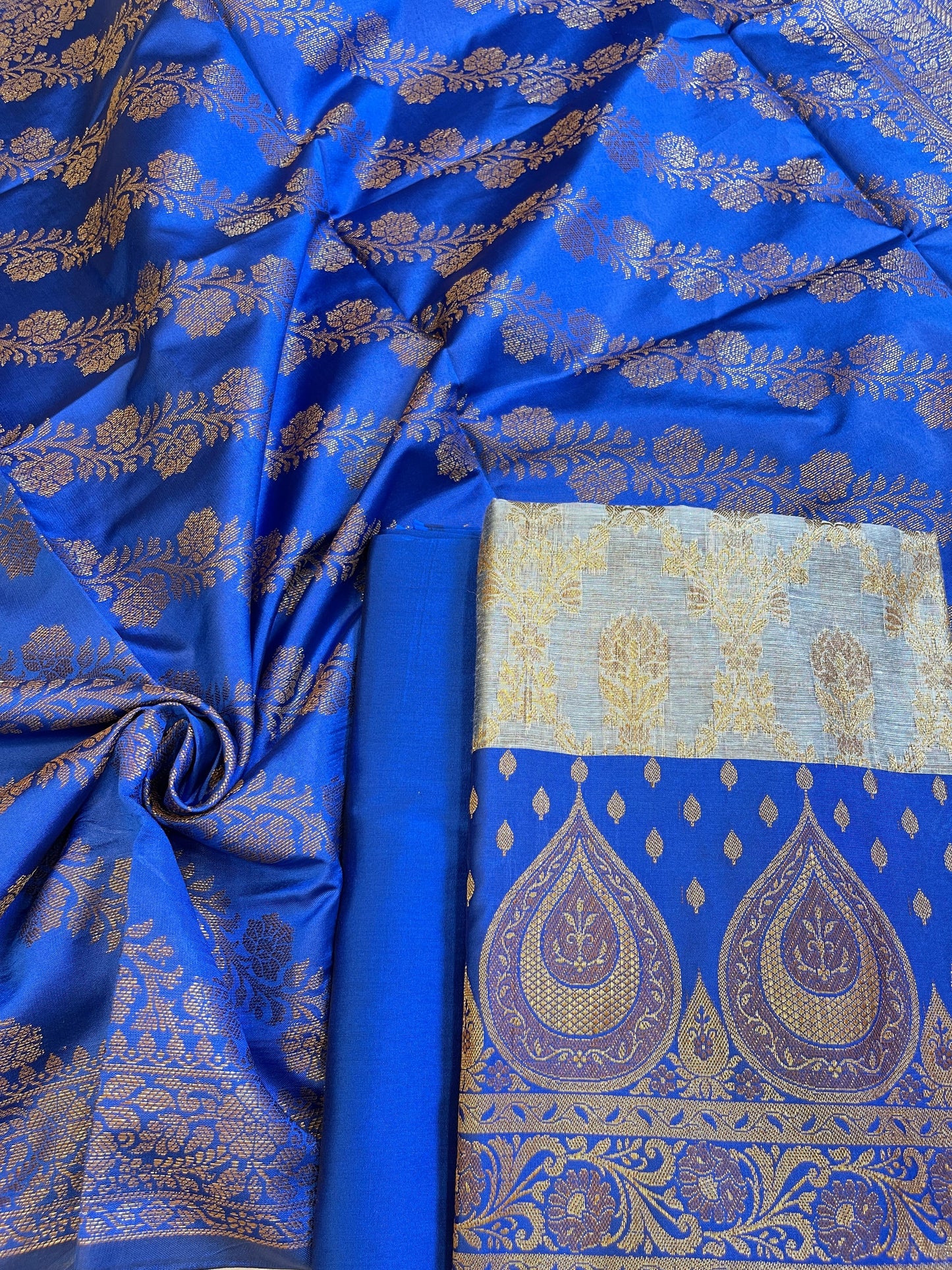 Light Blue Cotton Alfi Zari Jaal Contrast Royal Blue Silk Border Banarasi Suit 55IM_CTN9