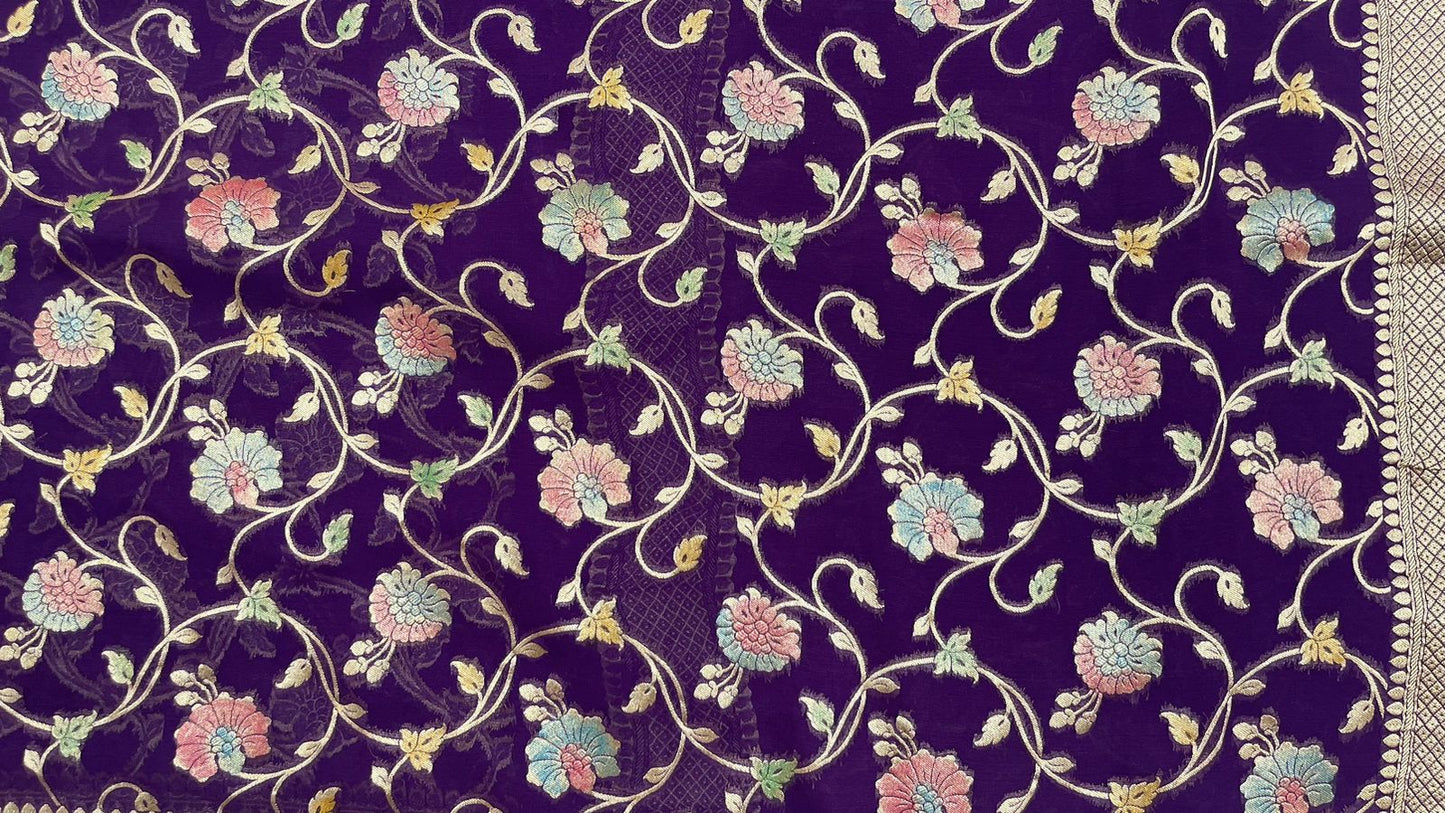 Faishana Pure Silk Handloom Exquisite Purple Khaddi Georgette Hand Brush Floral Zari Kadhwa Jaal with Banarasi Zari Border with Purple Blouse