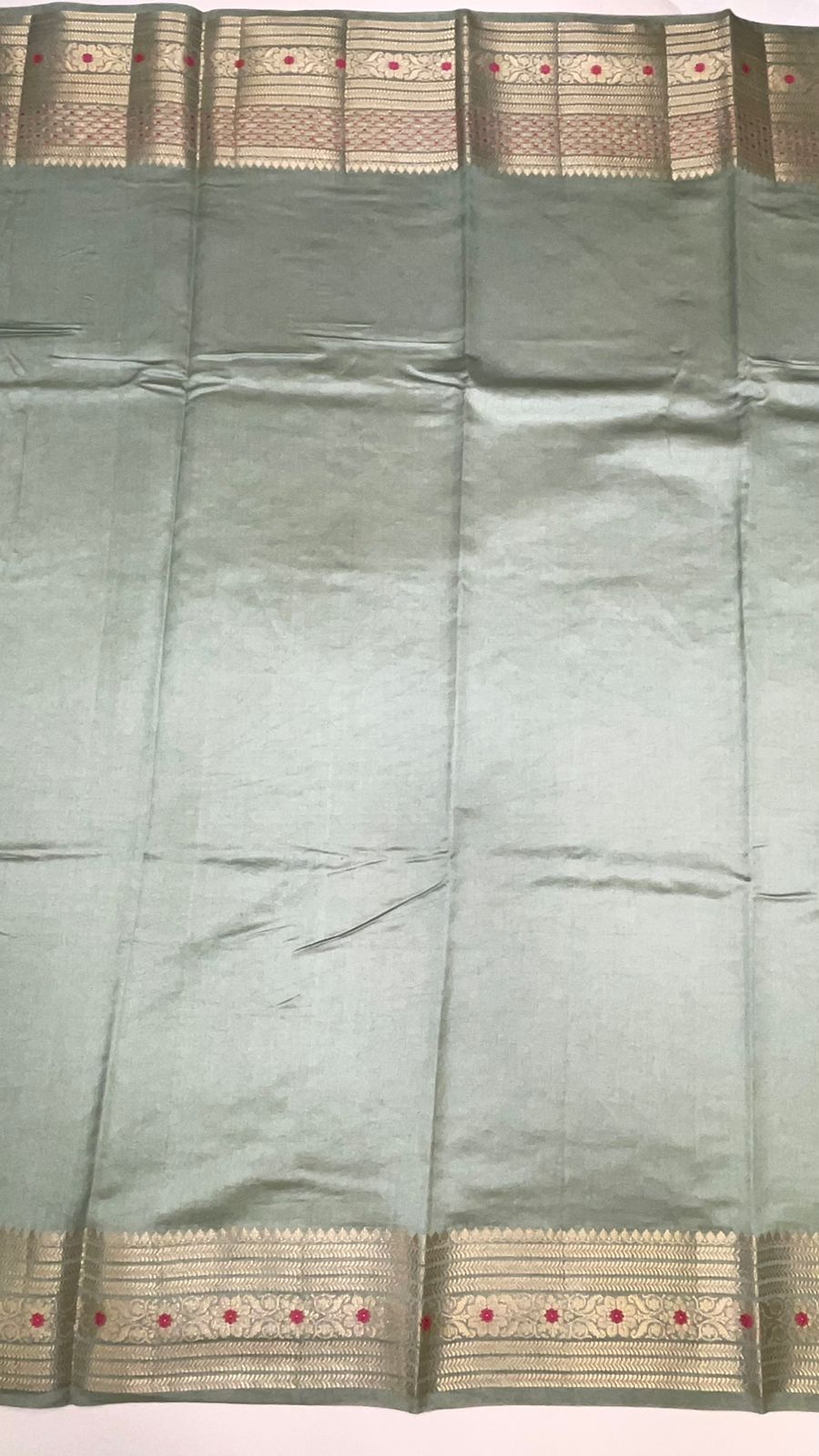 Elegant Faishana Pure Silk Handloom Light Green Chiniya Silk with Gold Zari Floral Booti and Minakari Border & Light green Blouse Piece