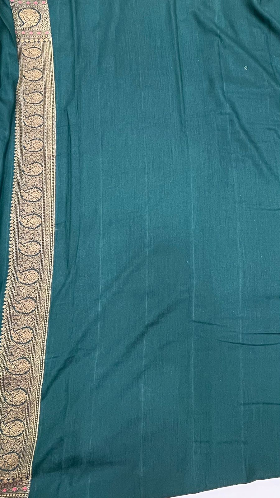 Faishana Presents Pure Silk Handloom Dark Green Muga Silk with Copper Zari Paisley Border and Dark Green Blouse