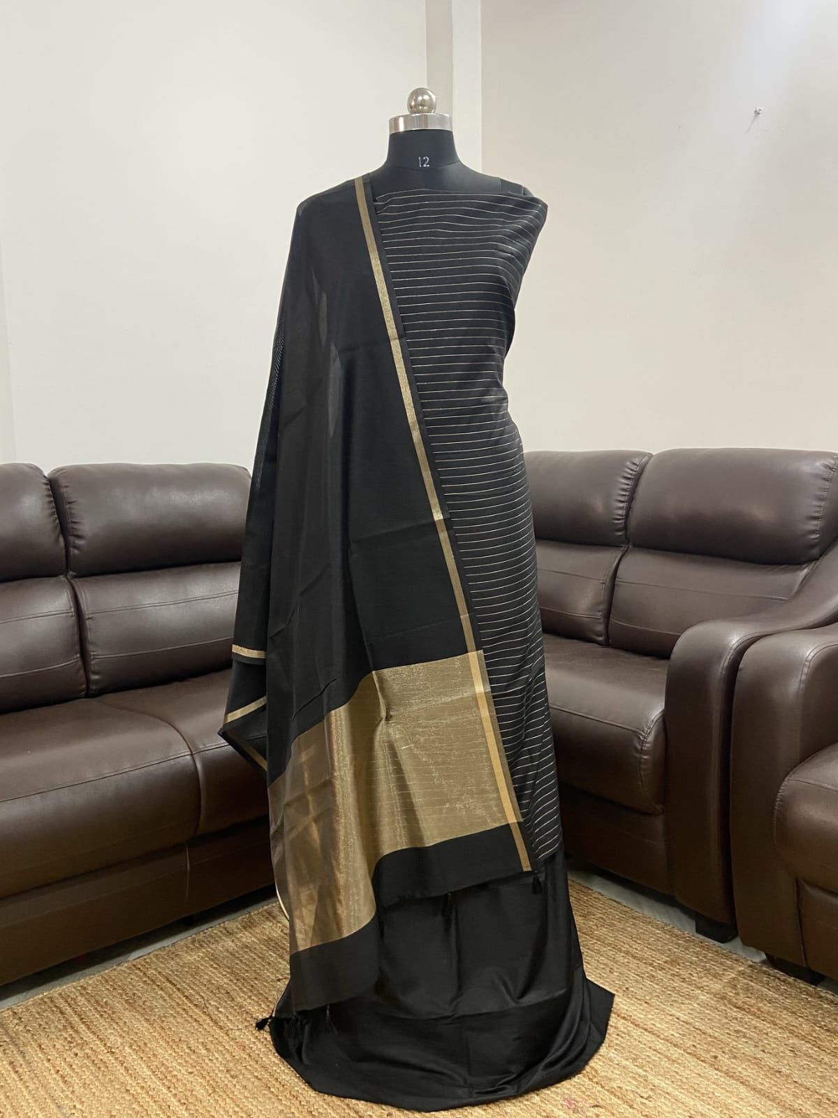 Black Cotton Silk Stripe Zari Patti Banarasi 3 pcs Suit Set 600SKL_CS6