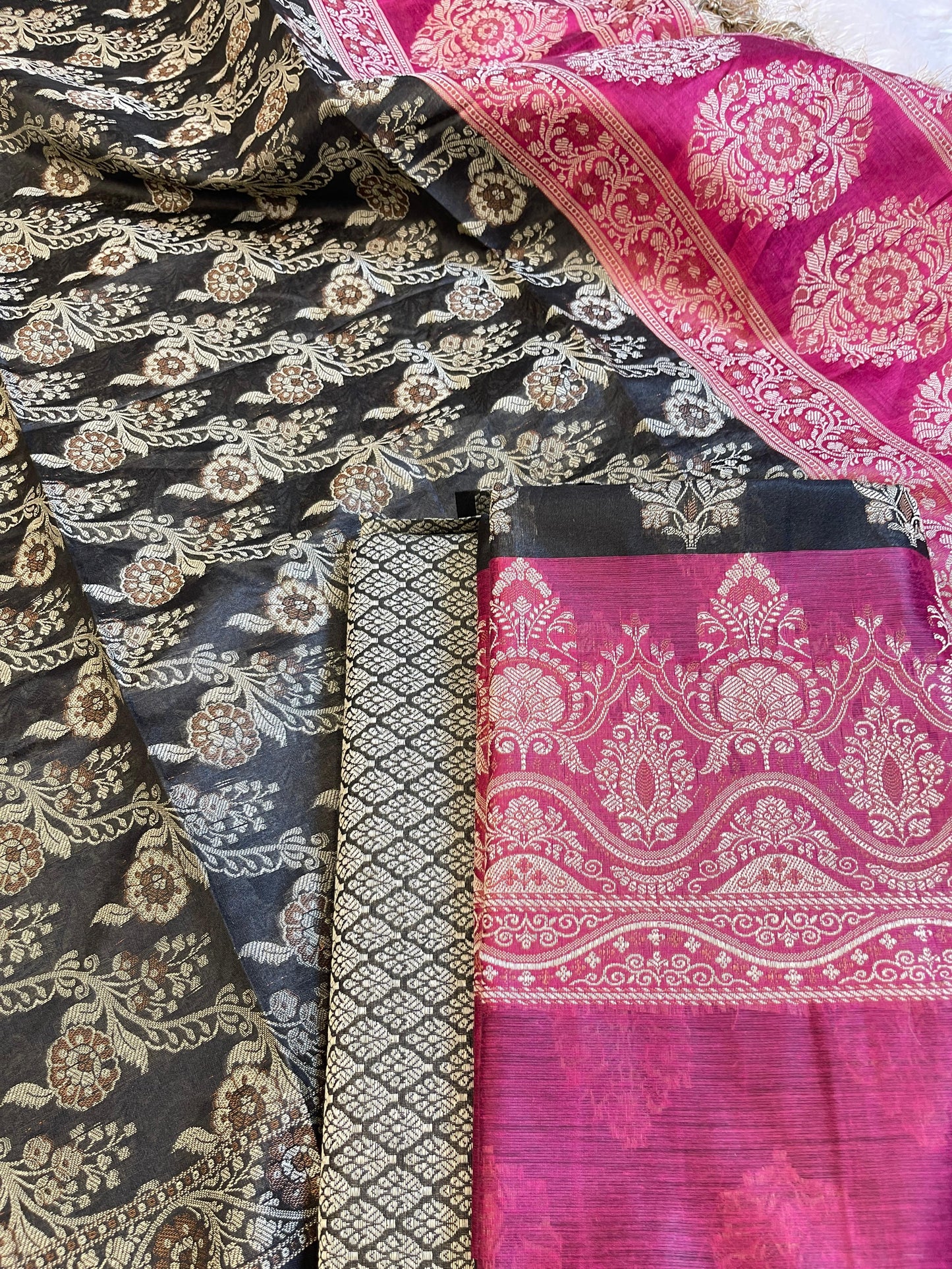 Black Cotton Alfi Resham Floral Boota Contrast Magenta Border Banarasi Suit 600AJ_PJS10