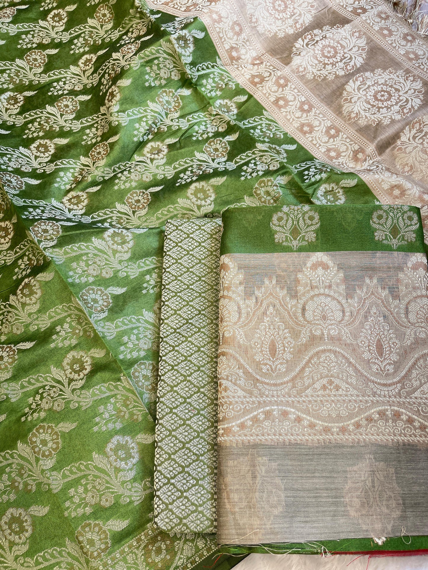 Green Cotton Alfi Resham Floral Boota Contrast Beige Border Banarasi Suit 600AJ_PJS11