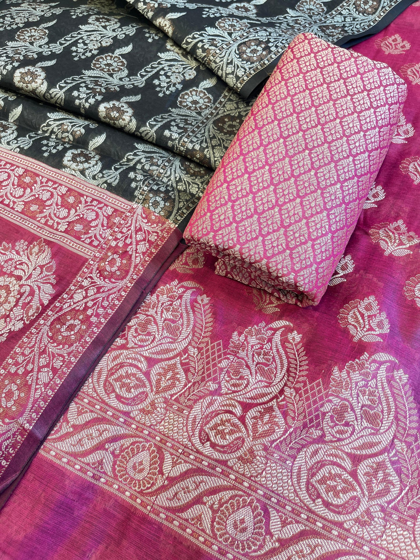 Magenta Cotton Floral Resham Booti Contrast Black Dupatta Banarasi Suit 600AJ_PJS13