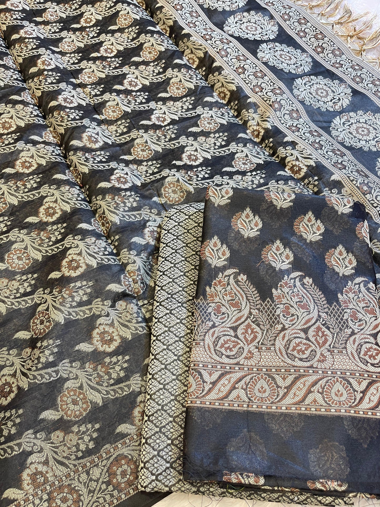 Black Cotton Floral Resham Booti Contrast Black Dupatta Banarasi Suit 600AJ_PJS16