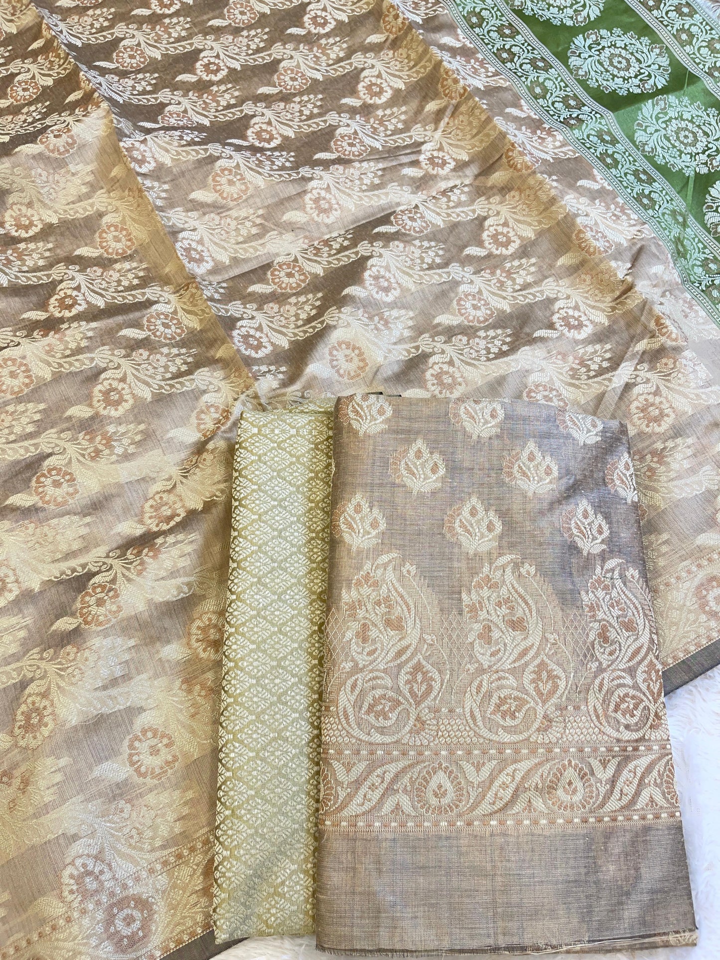 Beige Cotton Floral Resham Booti Contrast Green Dupatta Banarasi Suit 600AJ_PJS17