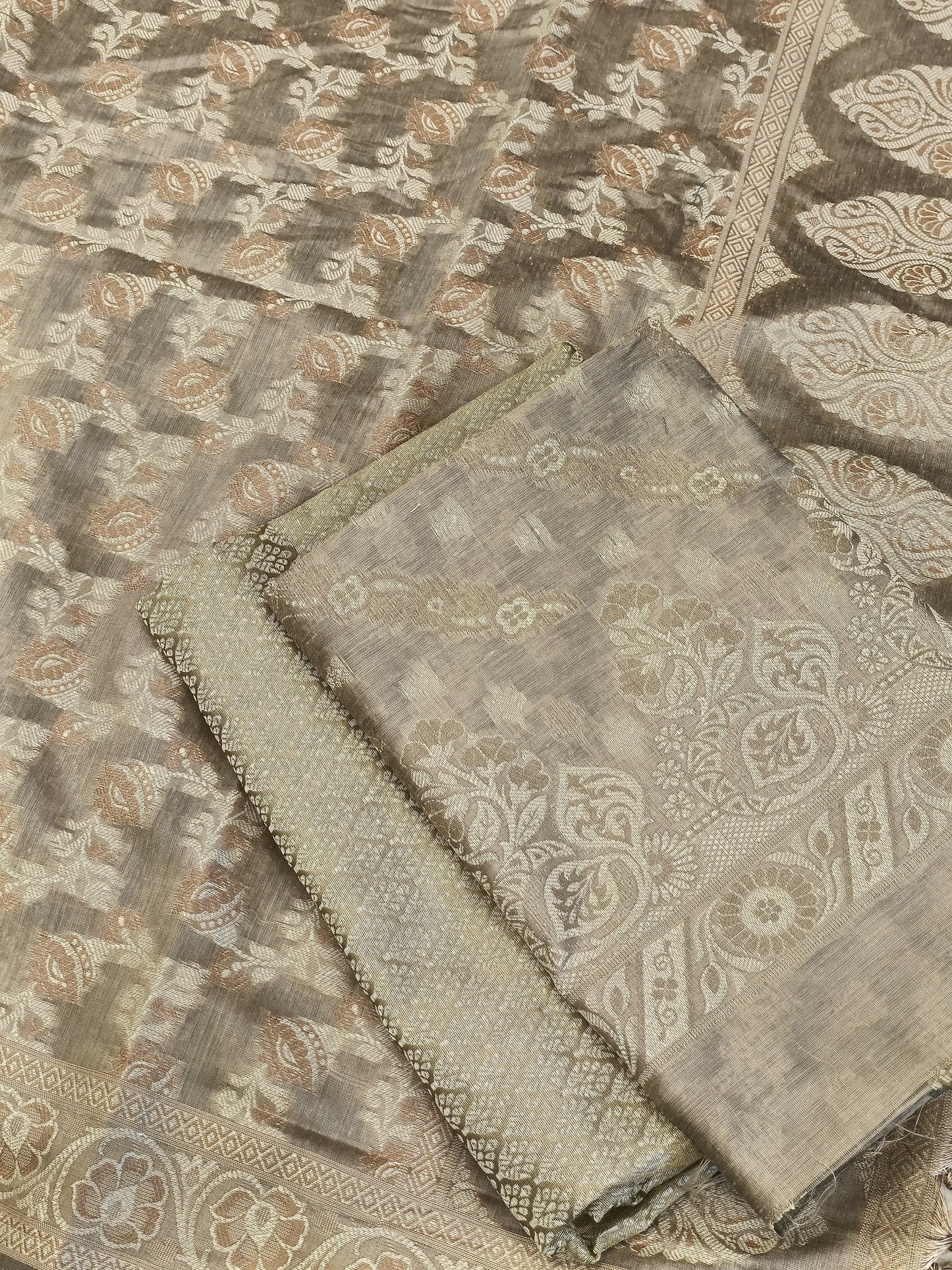 Beige Cotton Floral Resham Aada Stripe Banarasi Suit 600AJ_PJS20