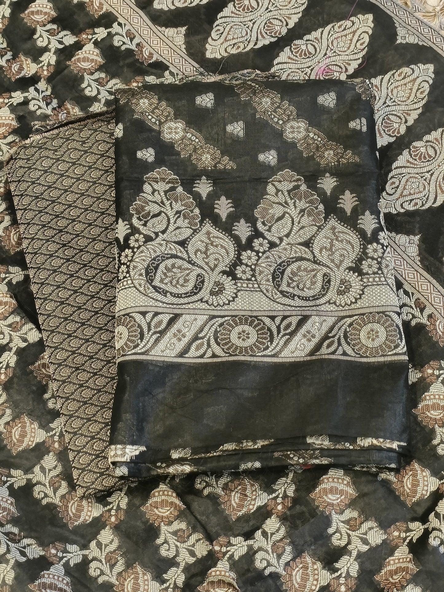 Black Cotton Floral Resham Aada Stripe Banarasi Suit 600AJ_PJS21