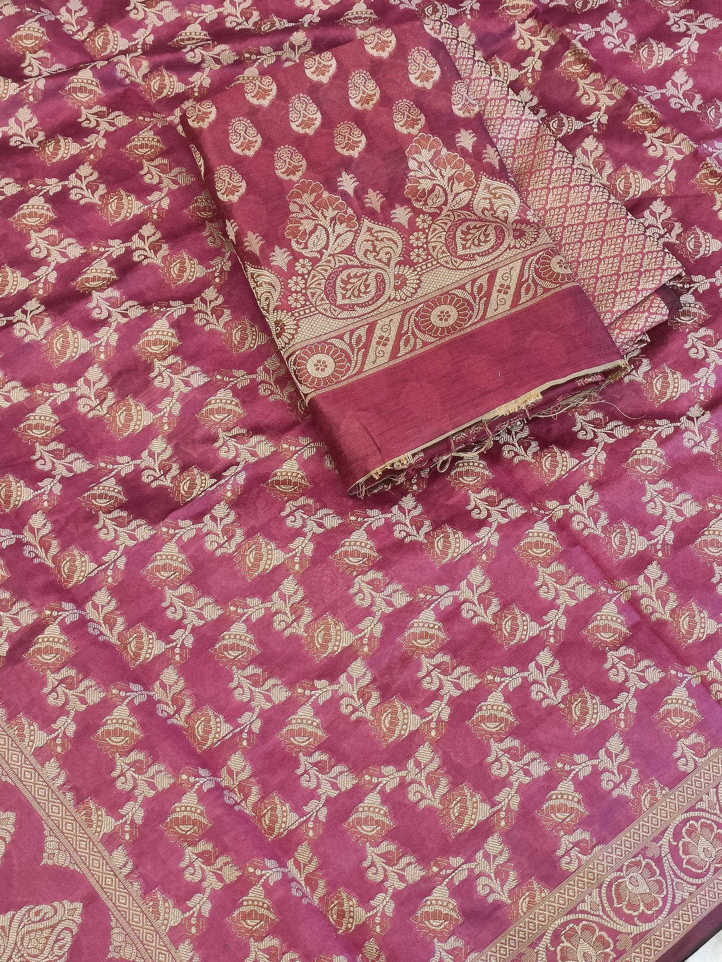 Magenta Cotton Floral Resham Aada Stripe Banarasi Suit 600AJ_PJS23