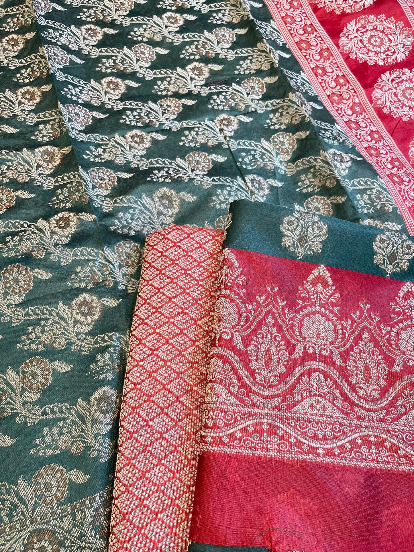 Darkgreen Cotton Alfi Resham Floral Boota Contrast Red Border Banarasi Suit 600AJ_PJS7