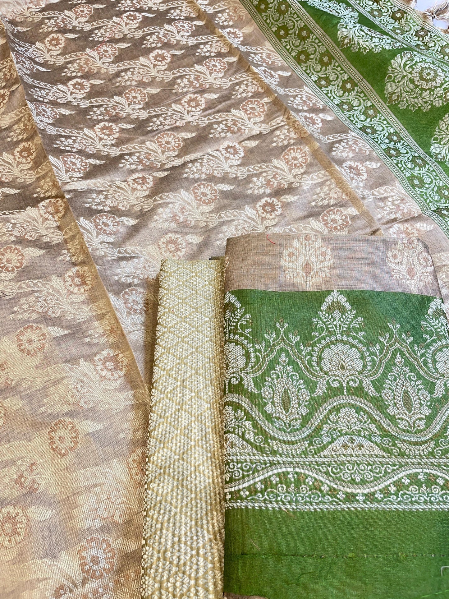 Beige Cotton Alfi Resham Floral Boota Contrast Green Border Banarasi Suit 600AJ_PJS8