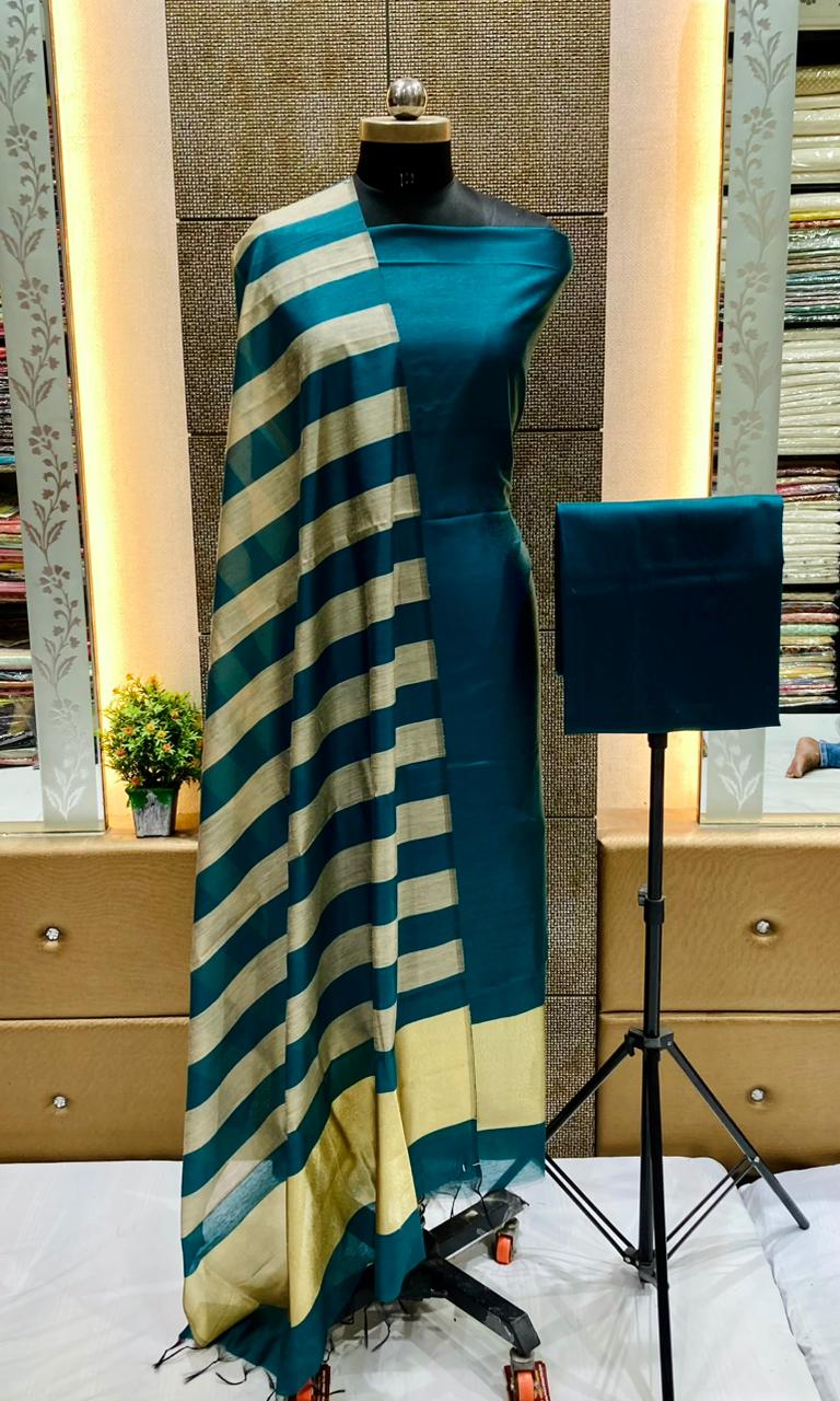 Indigo Blue Cotton Silk Banarasi Suit with Gold Zari Stripe Dupatta 600SKL_CS12
