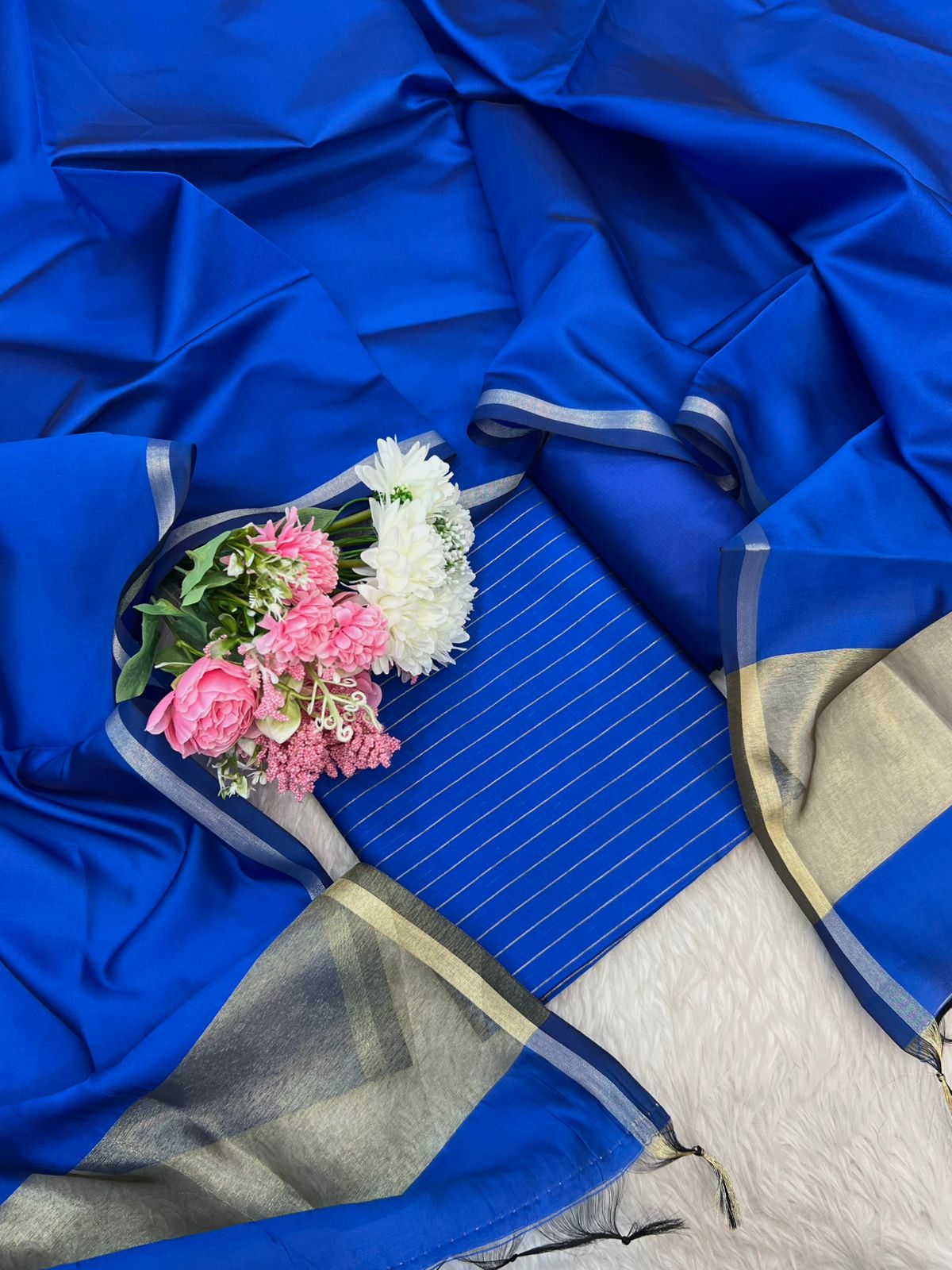 Royal Blue Cotton Silk Zari Stripe Banarasi Suit with Plain Zari Border Dupatta 600SKL_CS29