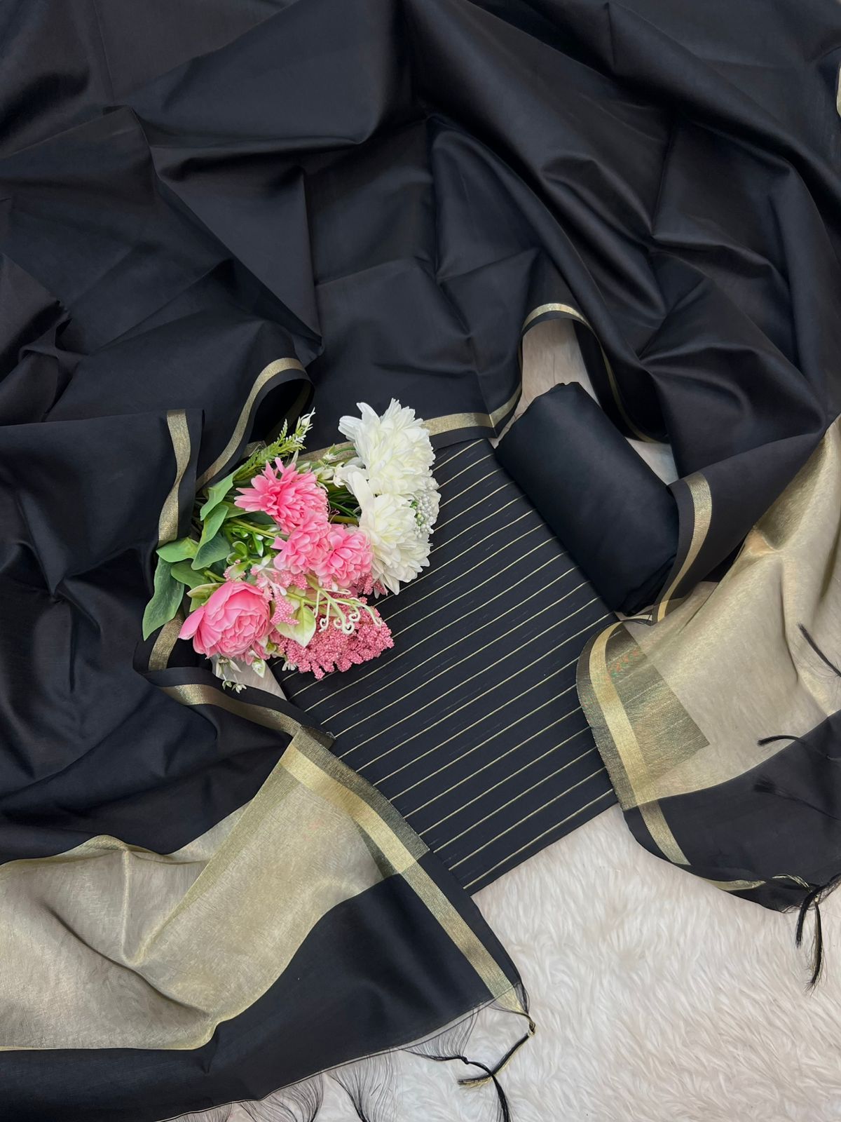 Black Cotton Silk Zari Stripe Banarasi Suit with Plain Zari Border Dupatta 600SKL_CS30