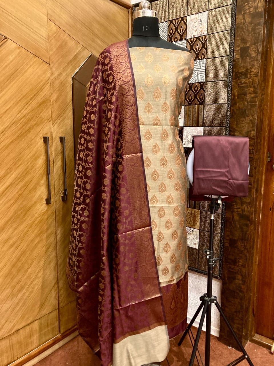 Tussar Cotton weave Zari Booti Contrast Brown Border Banarasi Suit 600SKL_CT7