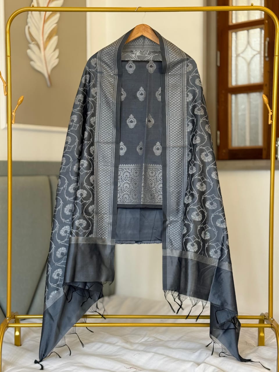 Grey Dupion Silk Banarasi Suit with Intricate Jaal Dupatta 600SKL_SD4