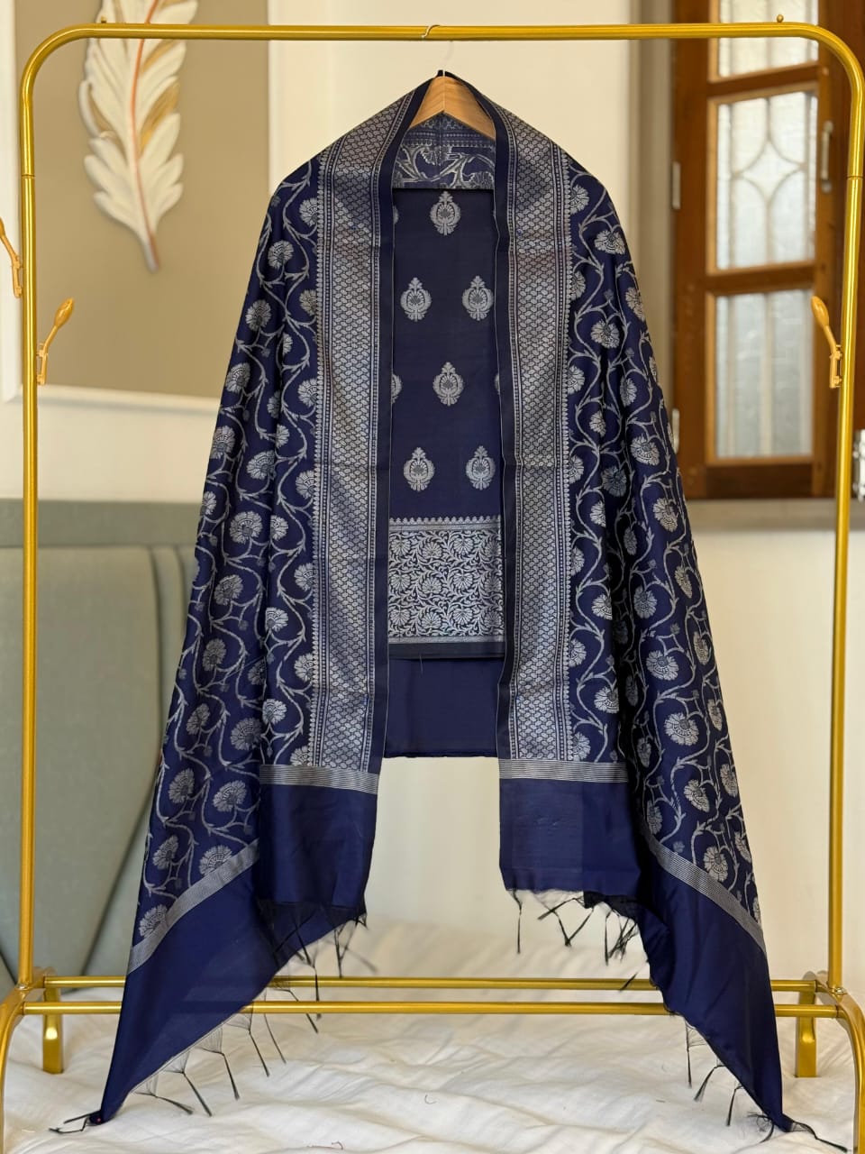 Navy Blue Dupion Silk Banarasi Suit with Intricate Jaal Dupatta 600SKL_SD5