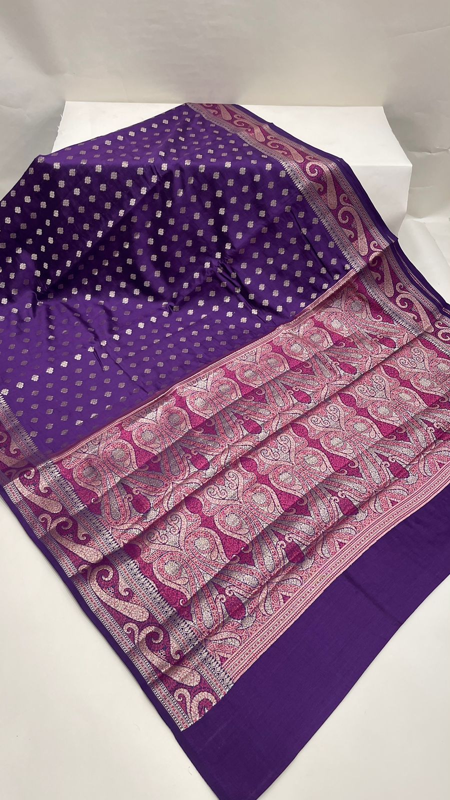 Regal Radiance: Faishana Pure Silk Handloom Purple Chiniya Silk Gold Zari Booti and Tilfi Anchal with Tilfi Zari Border Purple Blouse Piece
