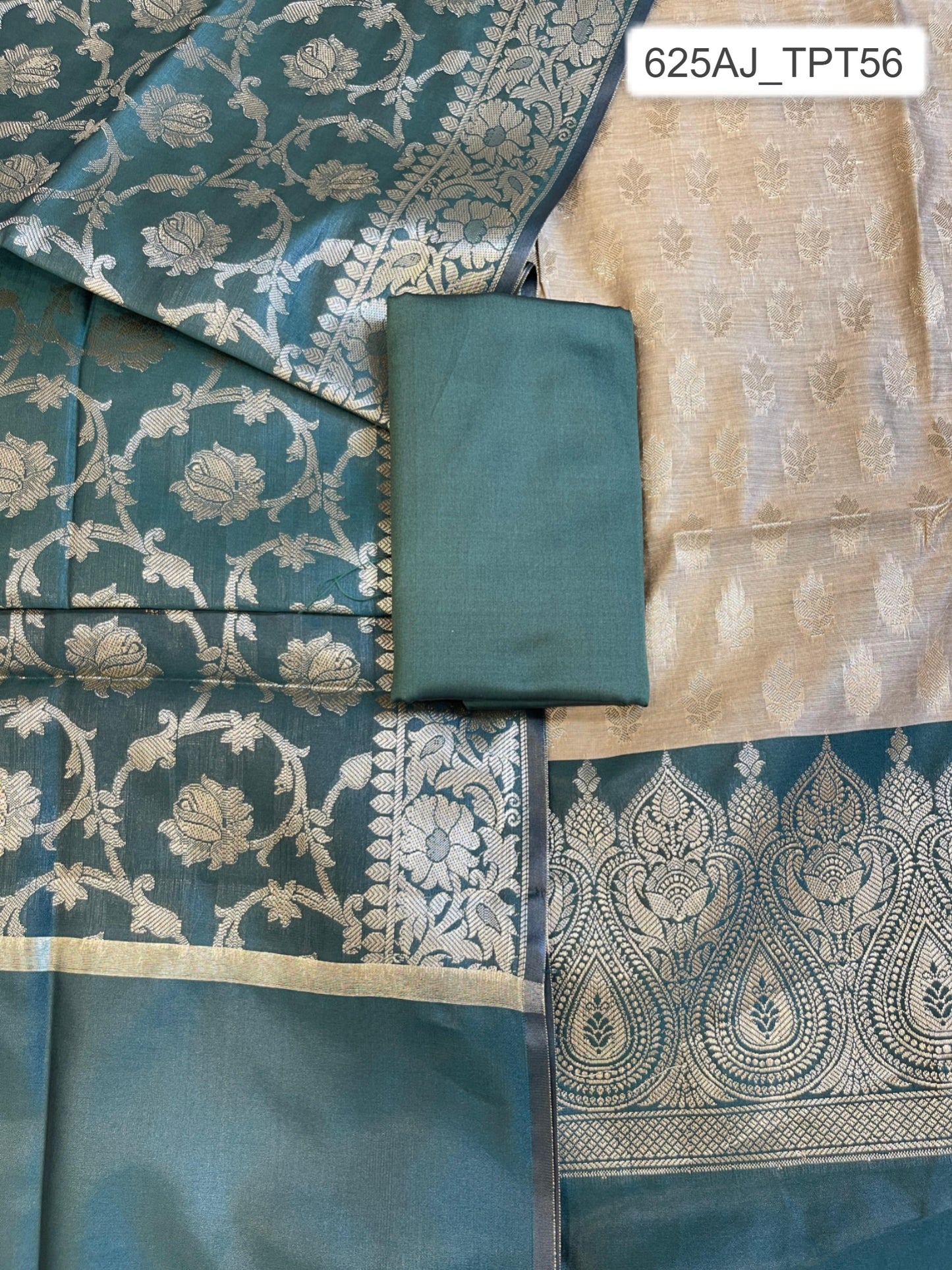 Beige Art Silk Floral Zari Booti Contrast Banarasi Suit with Darkgreen Dupatta 625AJ_TPT56