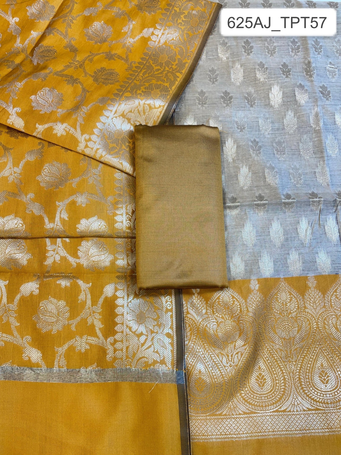 Beige Art Silk Floral Zari Booti Contrast Banarasi Suit with Mustard Yellow Dupatta 625AJ_TPT57