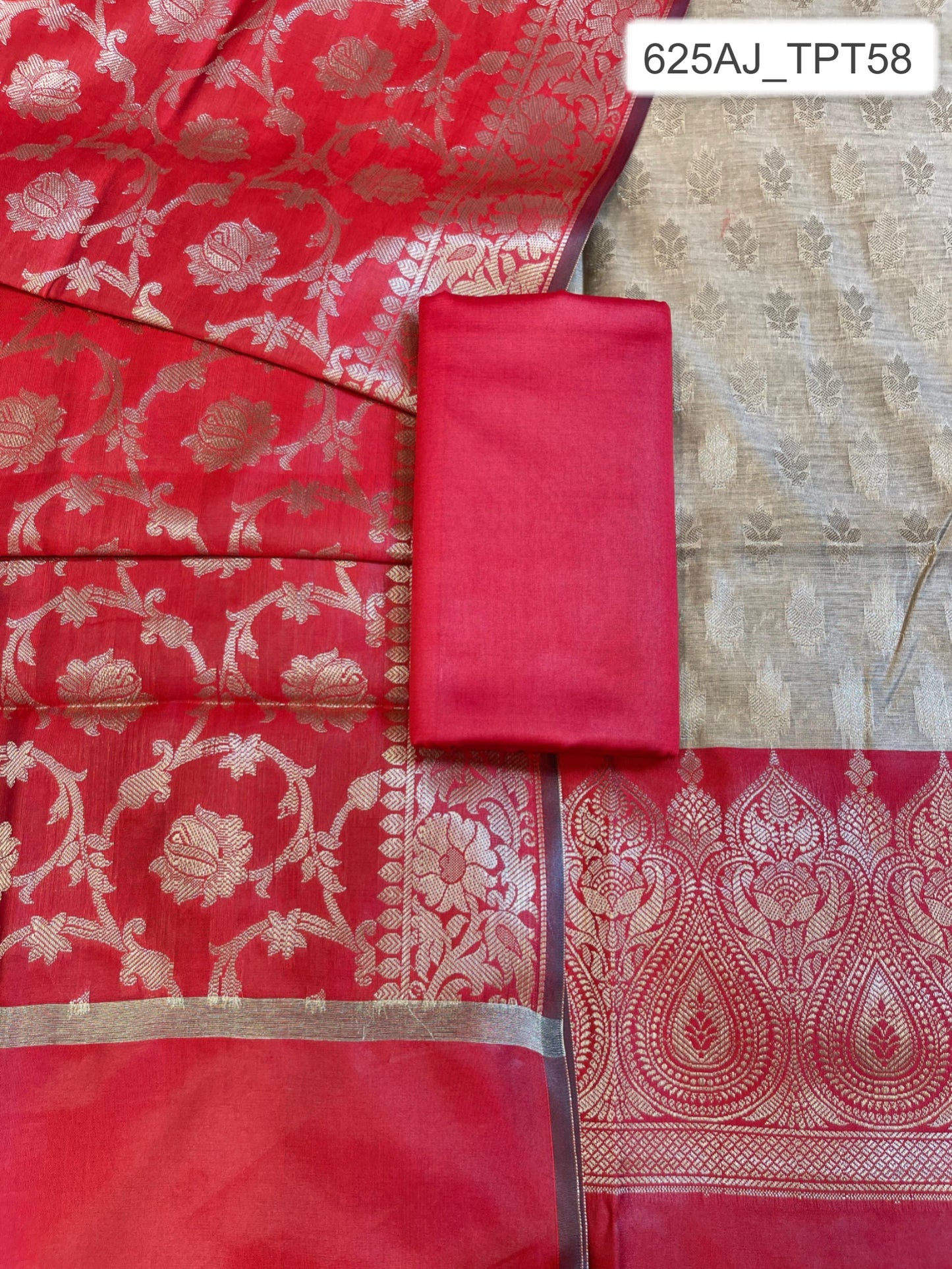 Beige Art Silk Floral Zari Booti Contrast Banarasi Suit with Red Dupatta 625AJ_TPT58