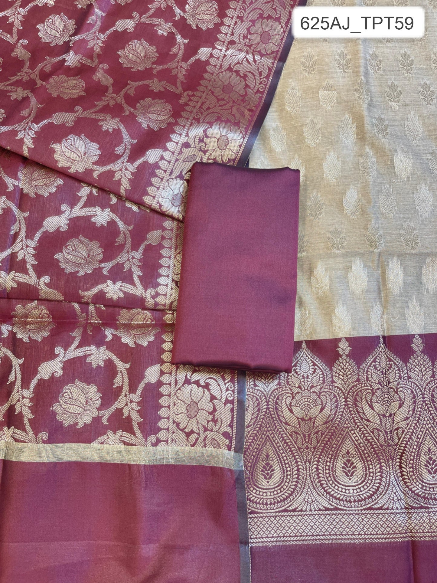 Beige Art Silk Floral Zari Booti Contrast Banarasi Suit with Maroon Dupatta 625AJ_TPT59