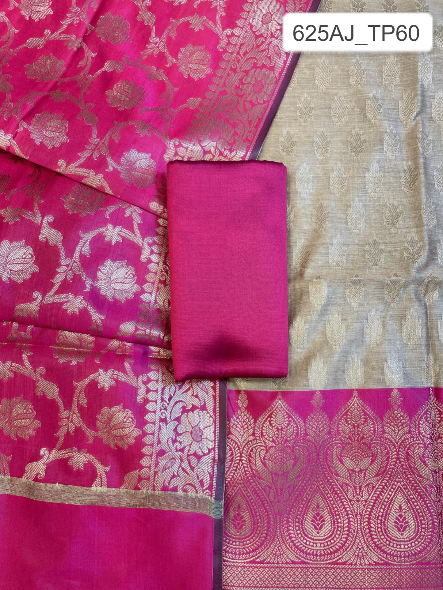 Beige Art Silk Floral Zari Booti Contrast Banarasi Suit with Magenta Dupatta 625AJ_TPT60