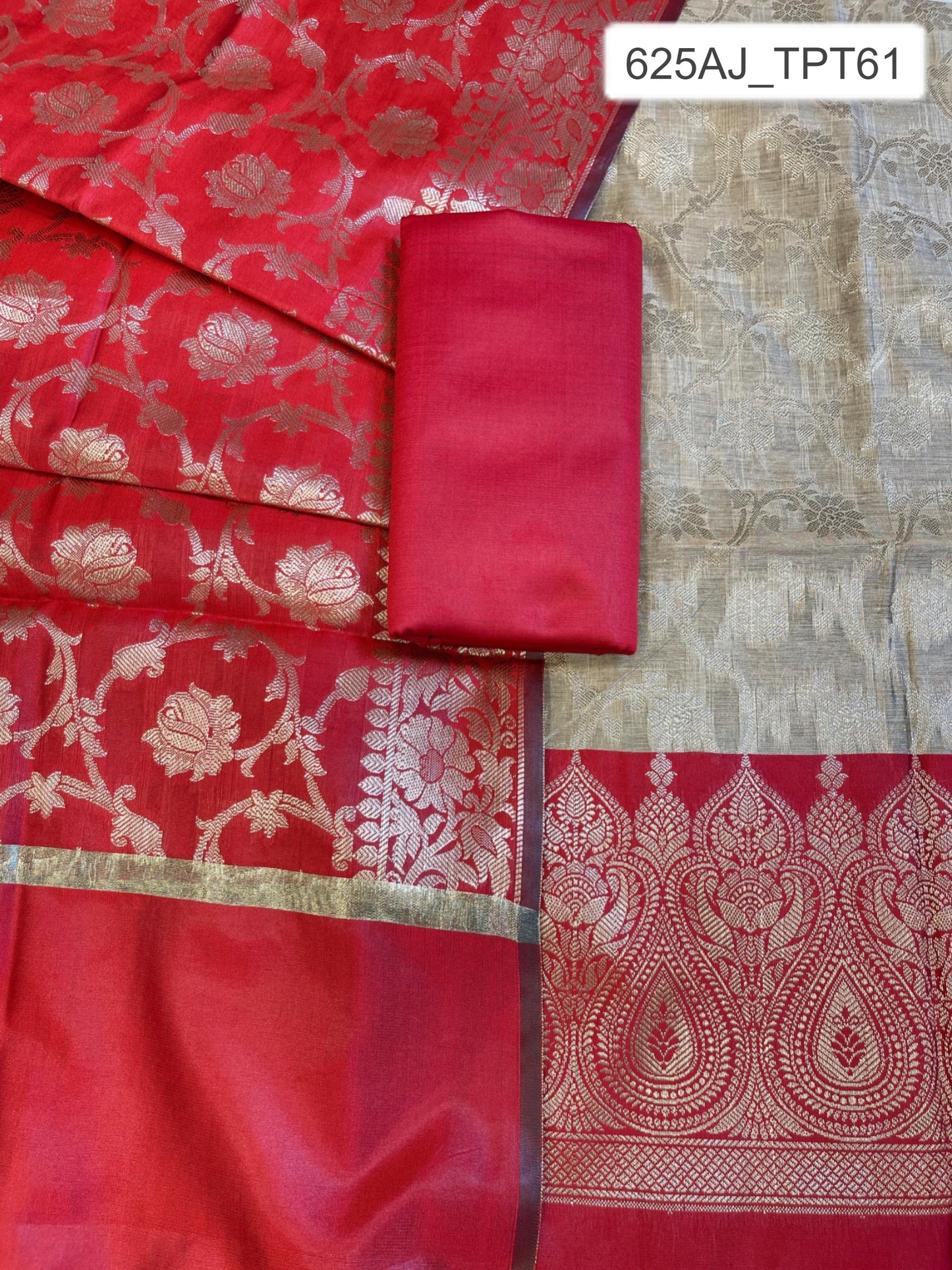 Beige Art Silk Floral Zari Jaal Contrast Banarasi Suit with Red Dupatta 625AJ_TPT61
